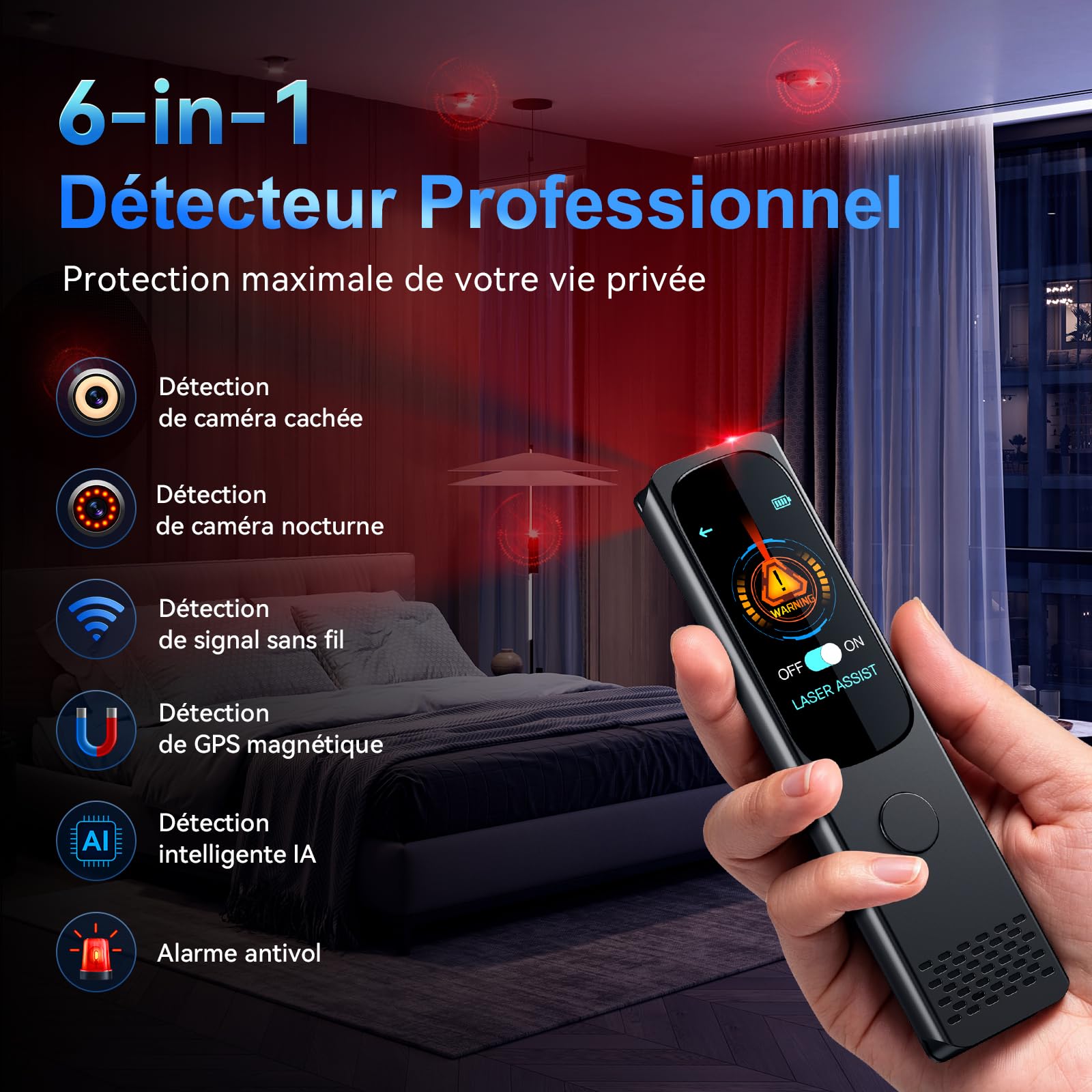 Détecteur Caméra & Micro Espion, Traceur GPS Voiture, 6-en-1 Écran Tactile | Détecteur de Traceur GPS, Scanner de Signal RF et Alarme anti-intrusion pour Hôtel, Voyage et Voiture