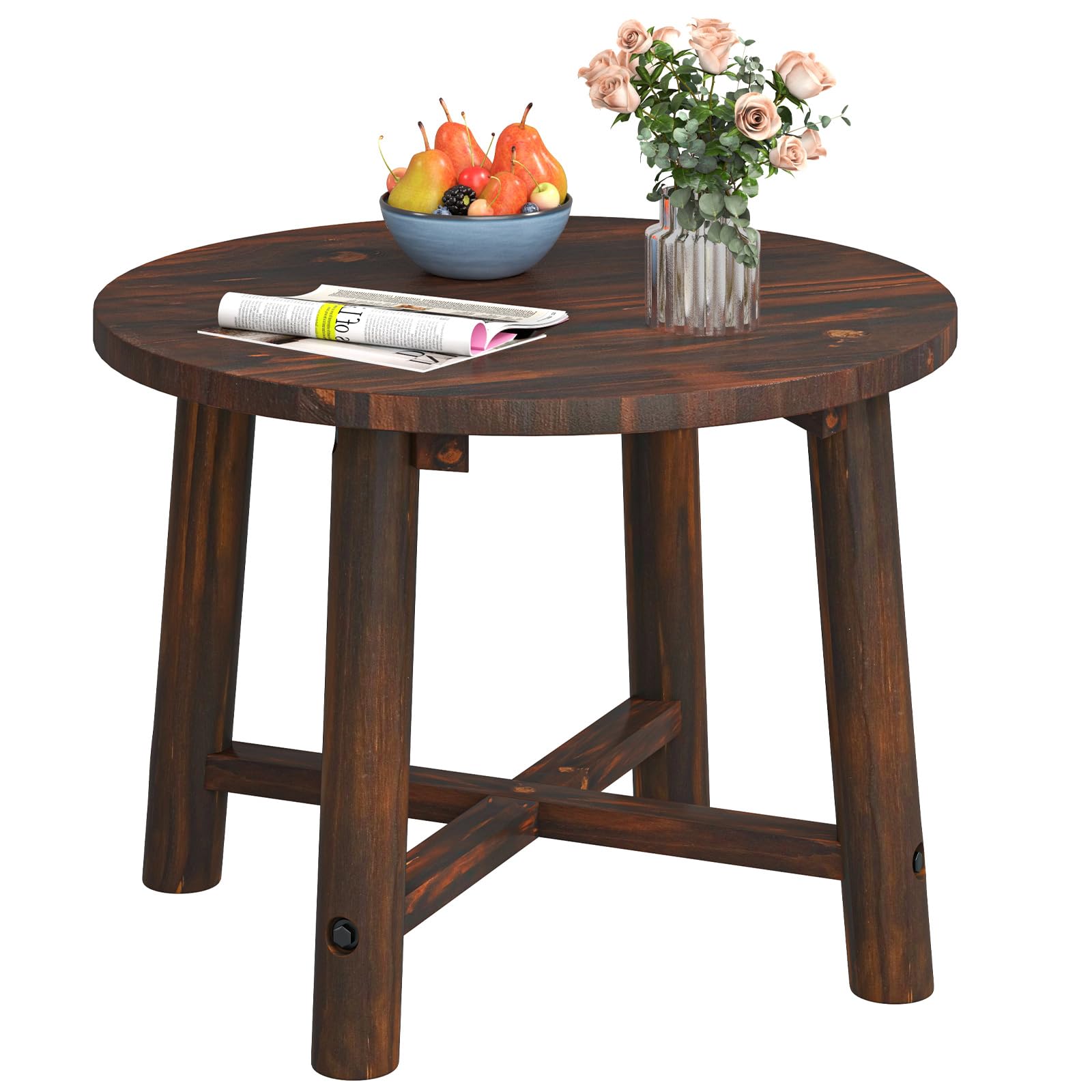 COSTWAY Garden Side Table, Solid Wood Small Round Outdoor Coffee Table, Indoor Outdoor End Bistro Snack Tea Tables for Patio, Balcony, Backyard and Poolside, 61 x 61 x 45cm (Brown)