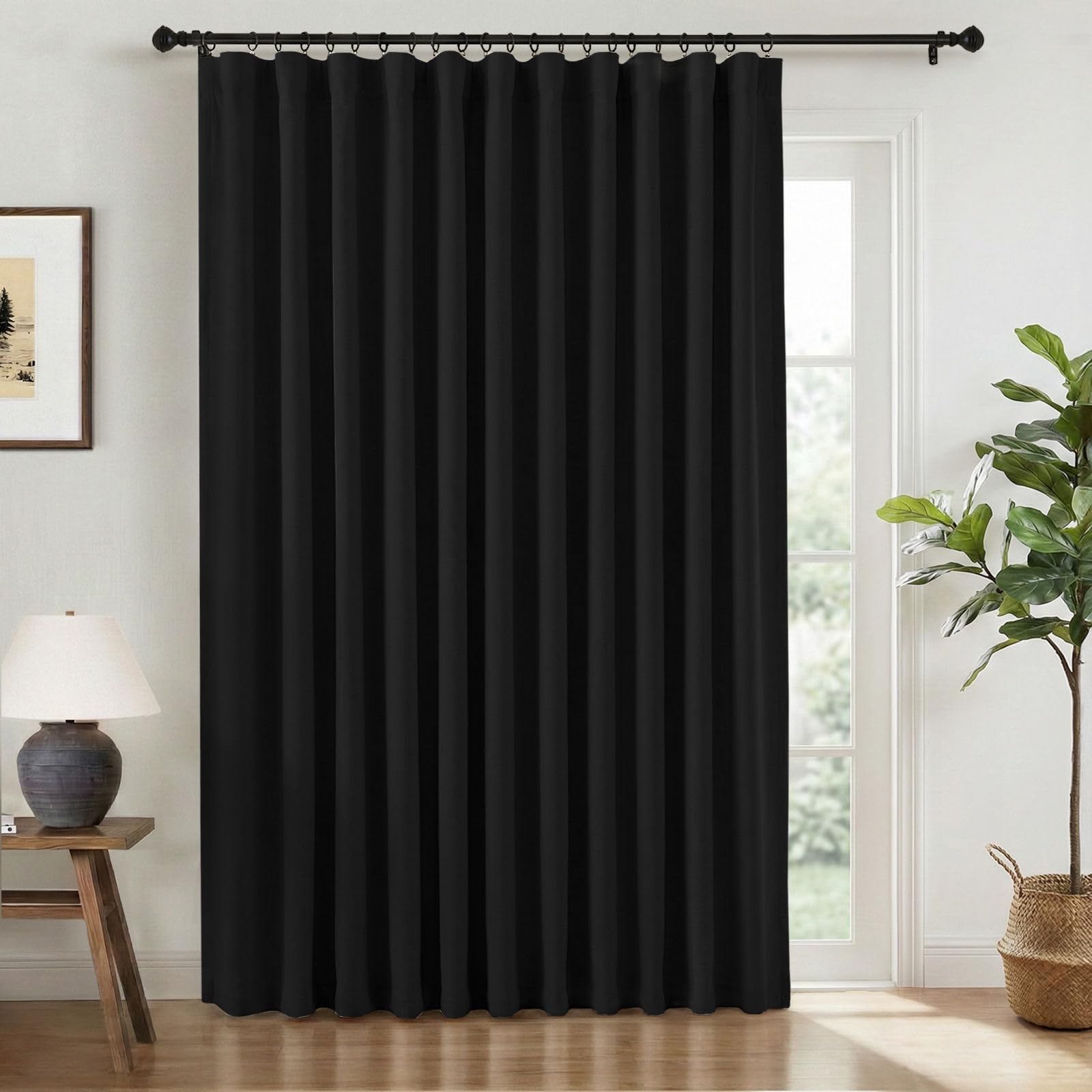 INOVADAY Linen Textured 100% Blackout Sliding Door Curtains 102x108 Black