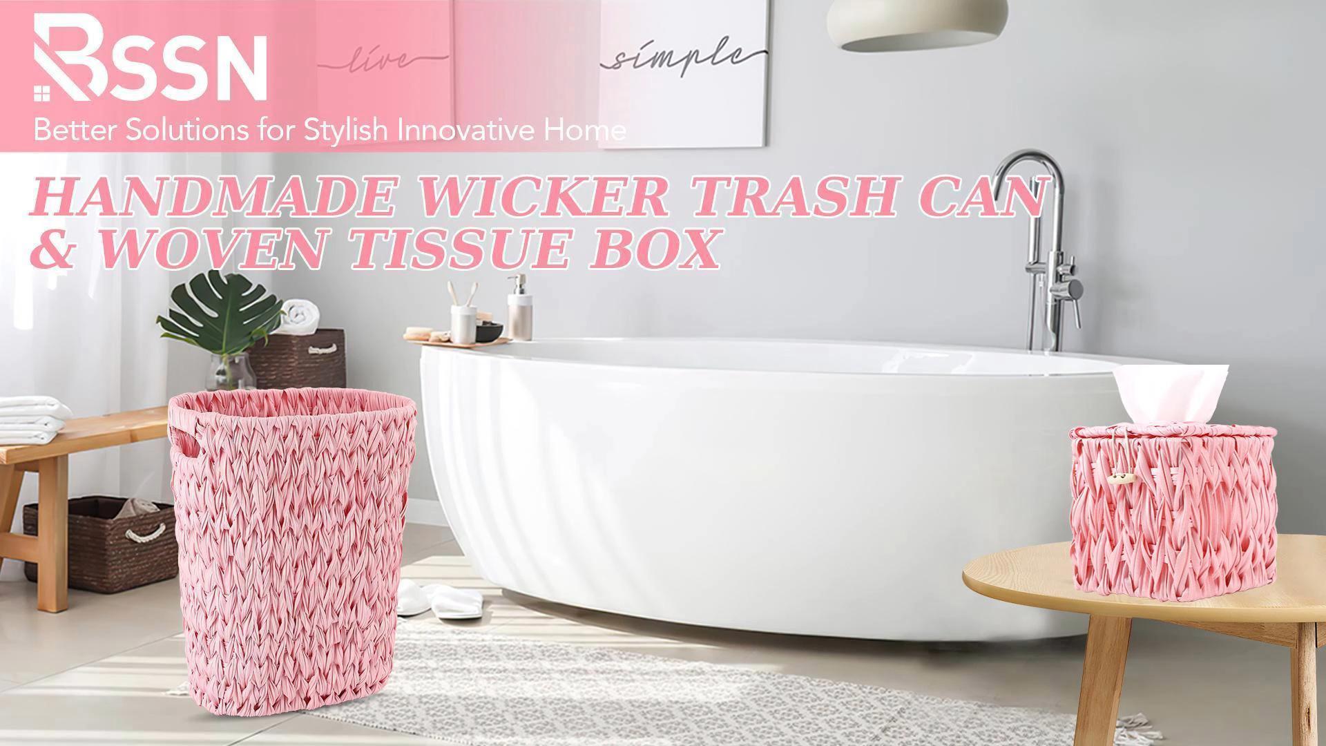 Image of BSSN Wicker Trash Can and Square Tissue Box Cover, 4 Gallon Water Hyacinth Bathroom Trash Can, Handwoven Napkin Holder, Narrow Small Waste Basket, Rustic Decorative Home Set for Bedroom,Office (Pink)