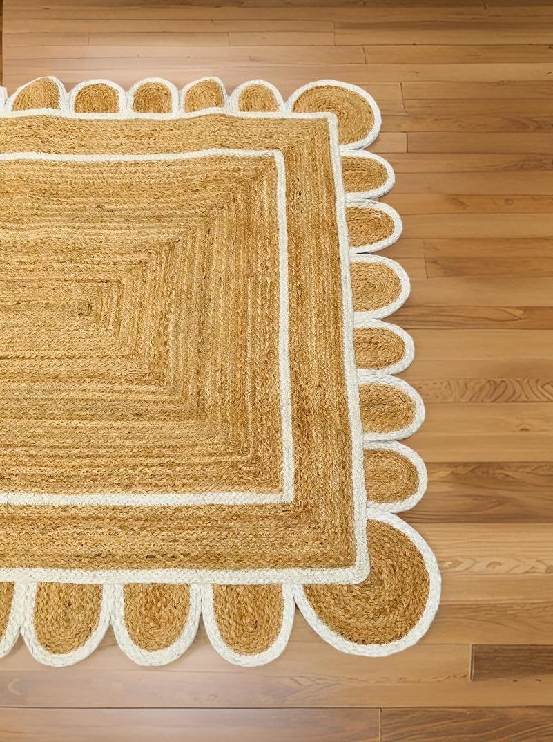 INDACORIFY Tappeto smerlato in juta naturale, arredamento per la casa, intrecciato, bohémien, classico, di qualità, fatto a mano, naturale (61 x 91 cm)