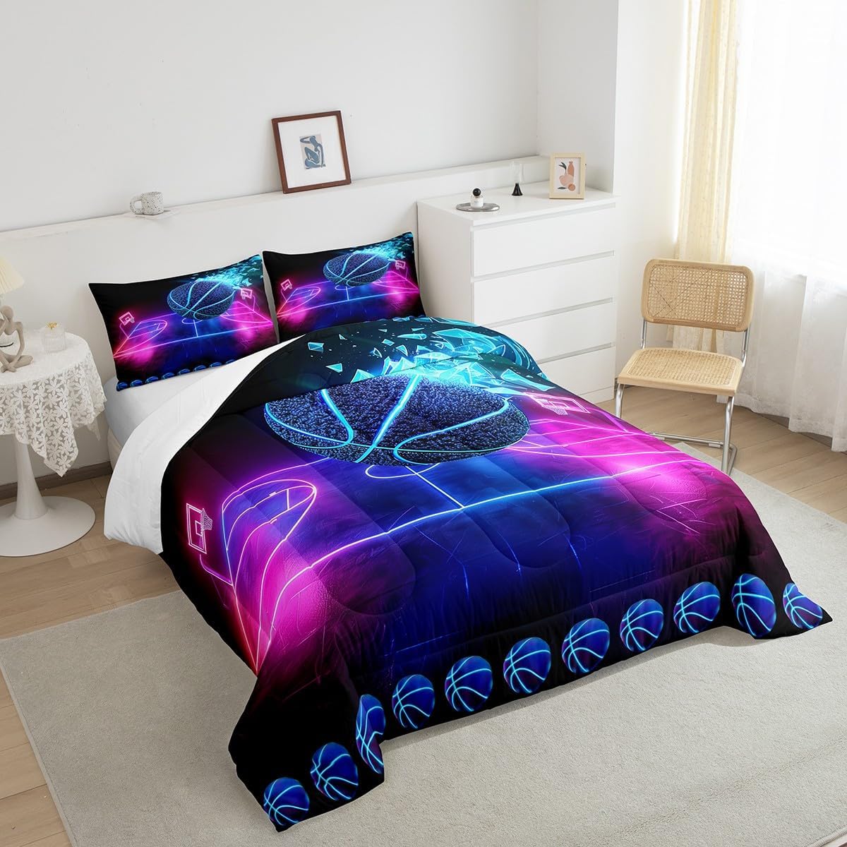Basketball Comforter Set Queen Size Neon Sport Bedding Set For Kids Boys Girls Teens Blue Purple Gradient Glowing Basketball Down Comforter Room Decor Lightweight 2 pillow cases Duvet Insert