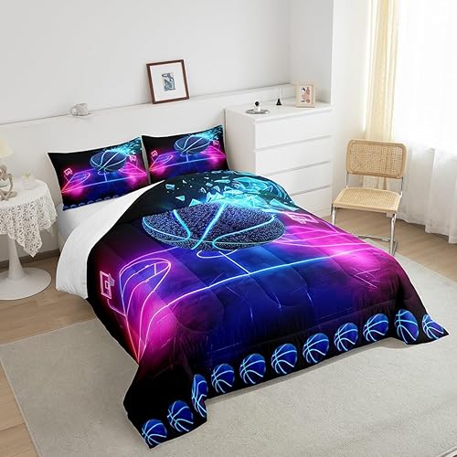 Miniatura 4 de Juego de edredón de baloncesto, tamaño individual, juego de ropa de cama deportiva de neón para niños, niñas, adolescentes, azul, morado, degradado,