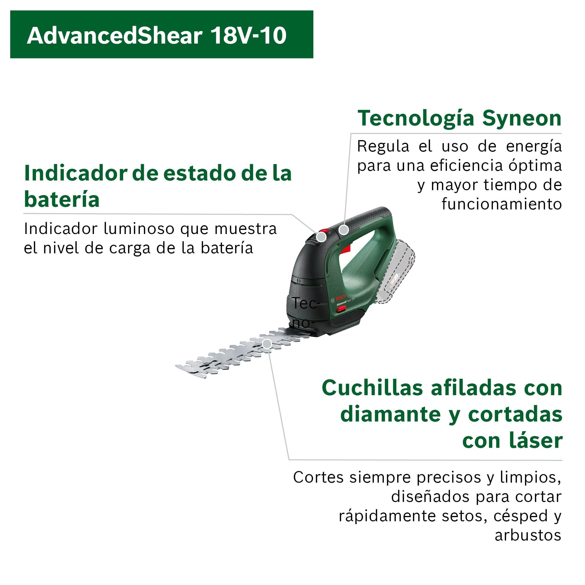 Bosch cortacésped/cortasetos a batería AdvancedShear 18V-10 (1 batería de 2,0 Ah, sistema de 18V, cortan hasta 85 m² por cada ciclo de batería, con cuchillas cortacésped y cortasetos, en caja)