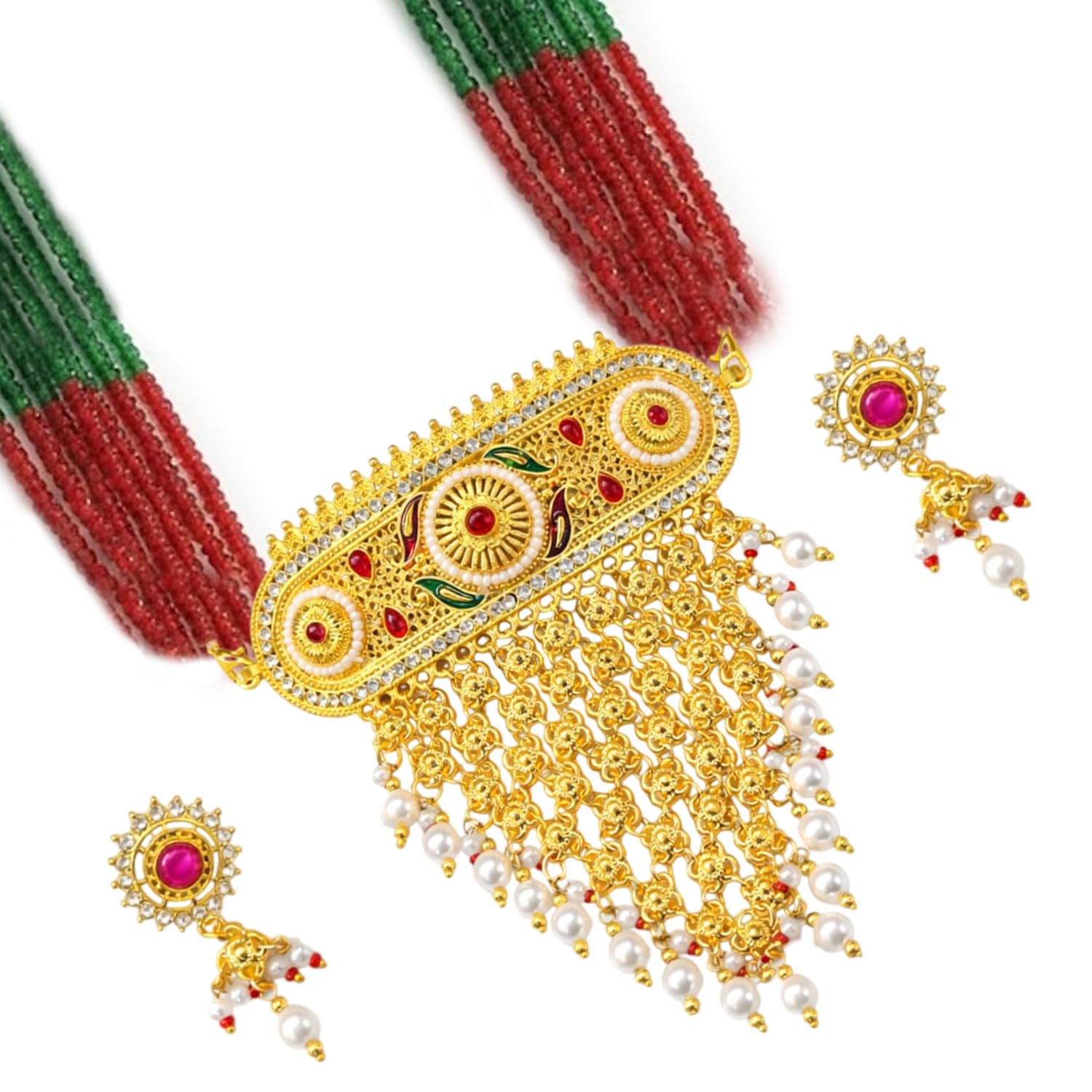 vama FASHIONS Gold Plated Traditional Rajputhi Stone Necklace Mini Aad Rajasthani Jewellery Neck Piece Choker Earrings Set for Women-picture-10