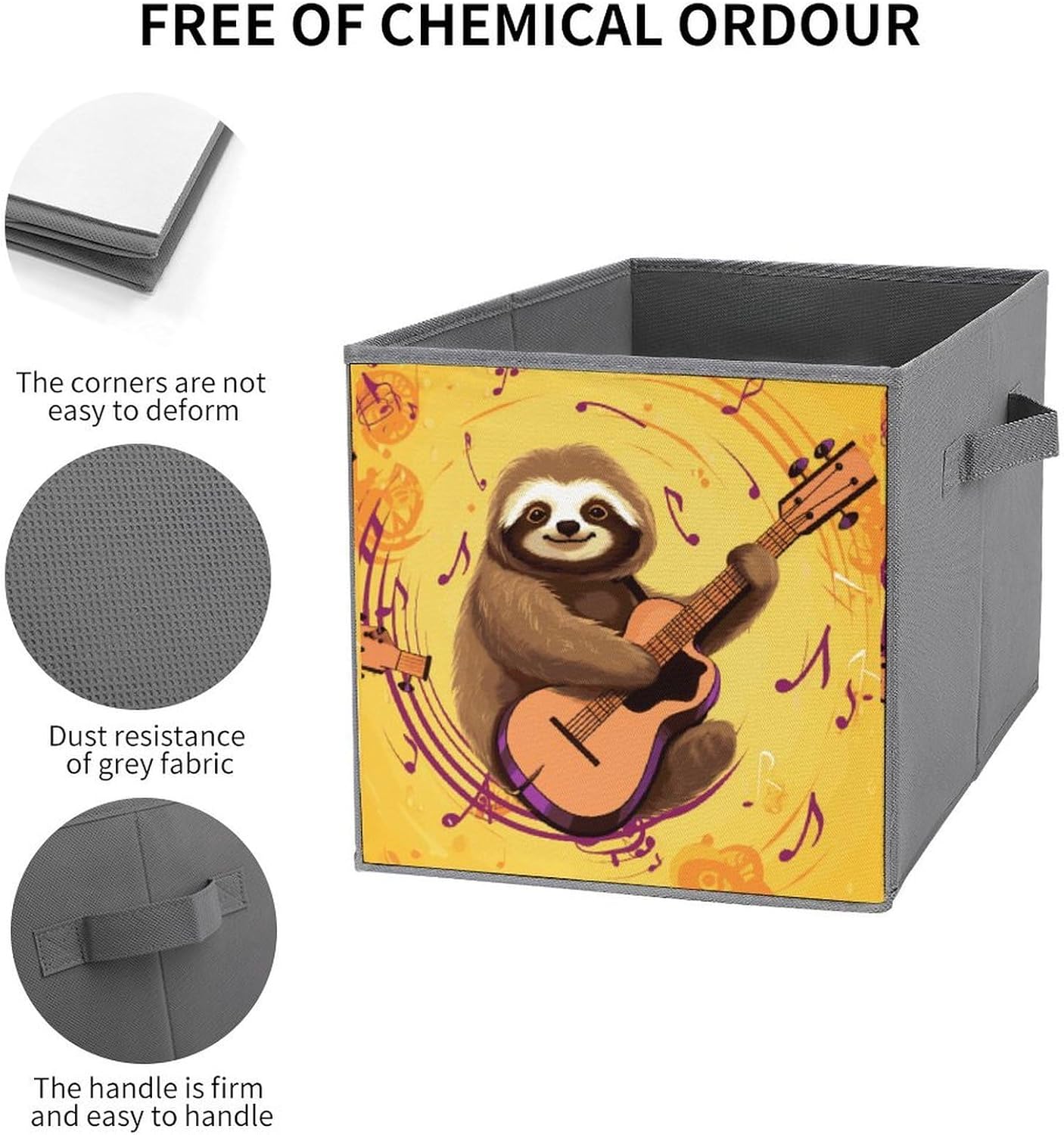 Music And Sloth on Yellow Background Storage Cubes Set of 6 Storage Bins with Handles Collapsible Storage Basket Fabric Storage Box for Shelves Large Closet Shelf Organizer for Organization 11 Inch