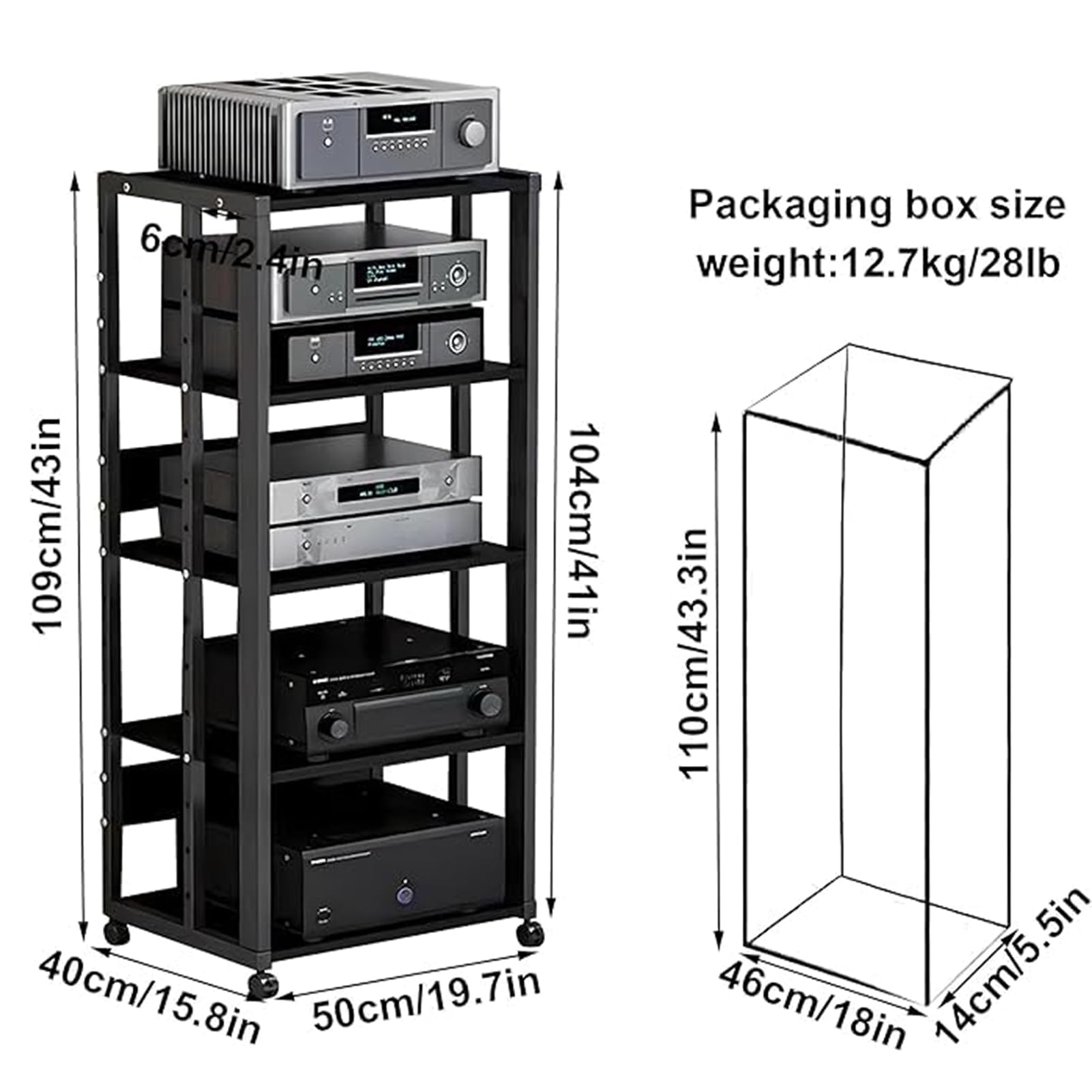 5 Ripiani Mobile Stereo Hi Fi Rack, Multimediale Audio-Video con Ruote Universali, Giradischi per Amplificatore Turno Sky box