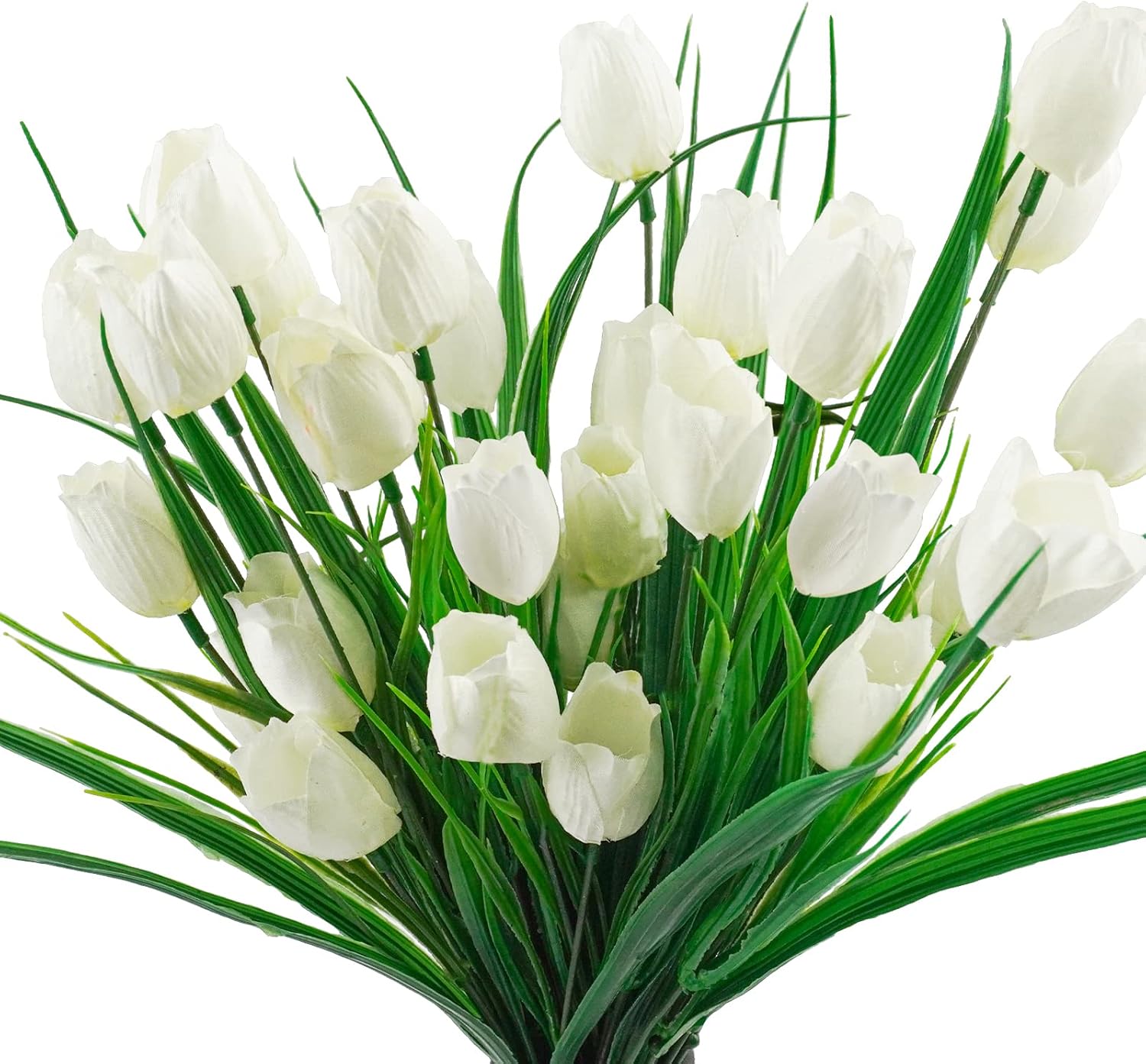 6 Bundles Tulips Artificial Flowers,30 Heads Outdoor Artificial Tulip Faux Plastic Greenery Shrubs Plants UV Resistant for Easter Home Outside Garden Porch Window Decor (White)