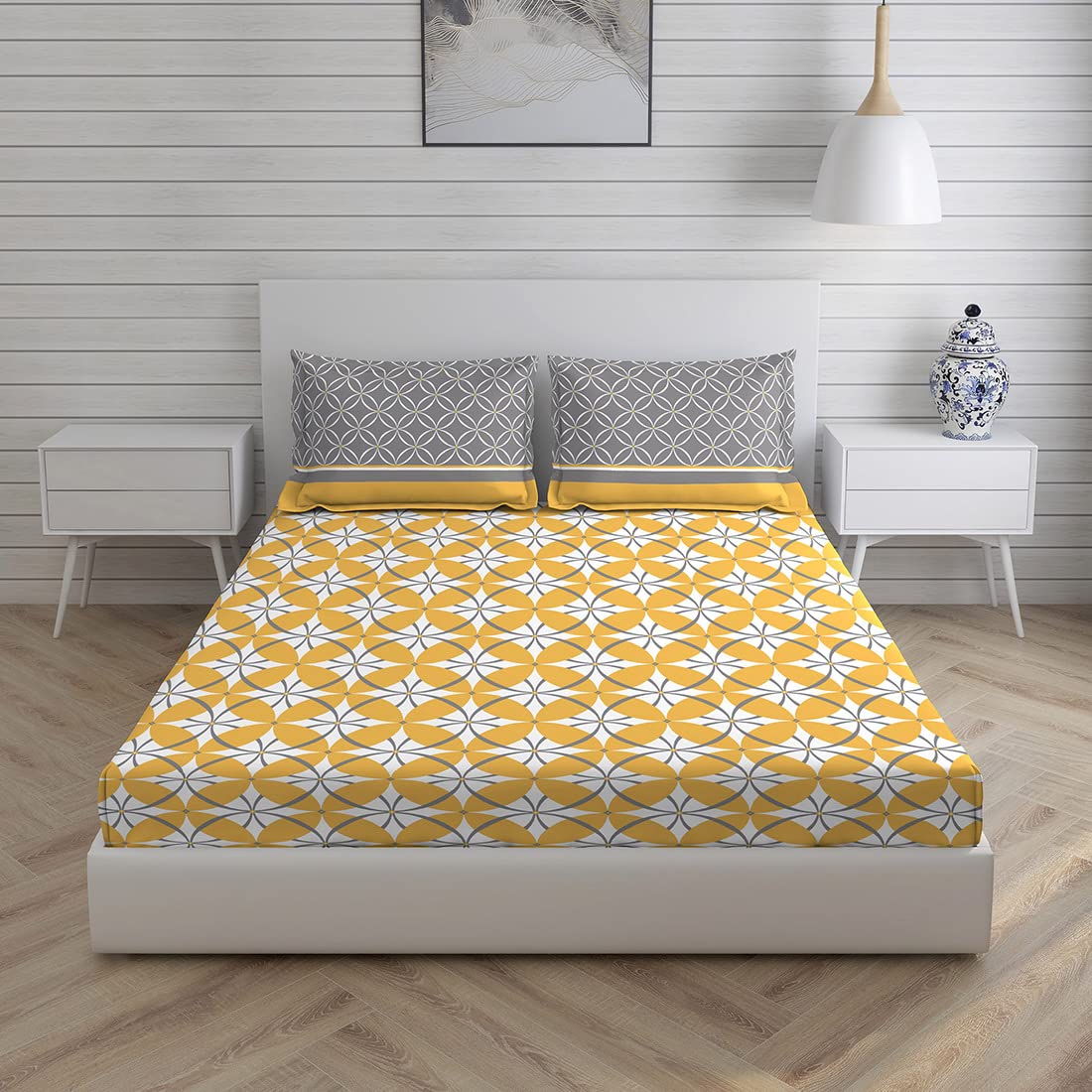 Layers Cotton Rich Bedsheet for Double Bed Queen Size with Pillow Cover Set, 225 TC (Light Yellow Grey, Geometric Pattern) Siena Collection, Light Weight, Moisture Absorbent, All Season Comfort