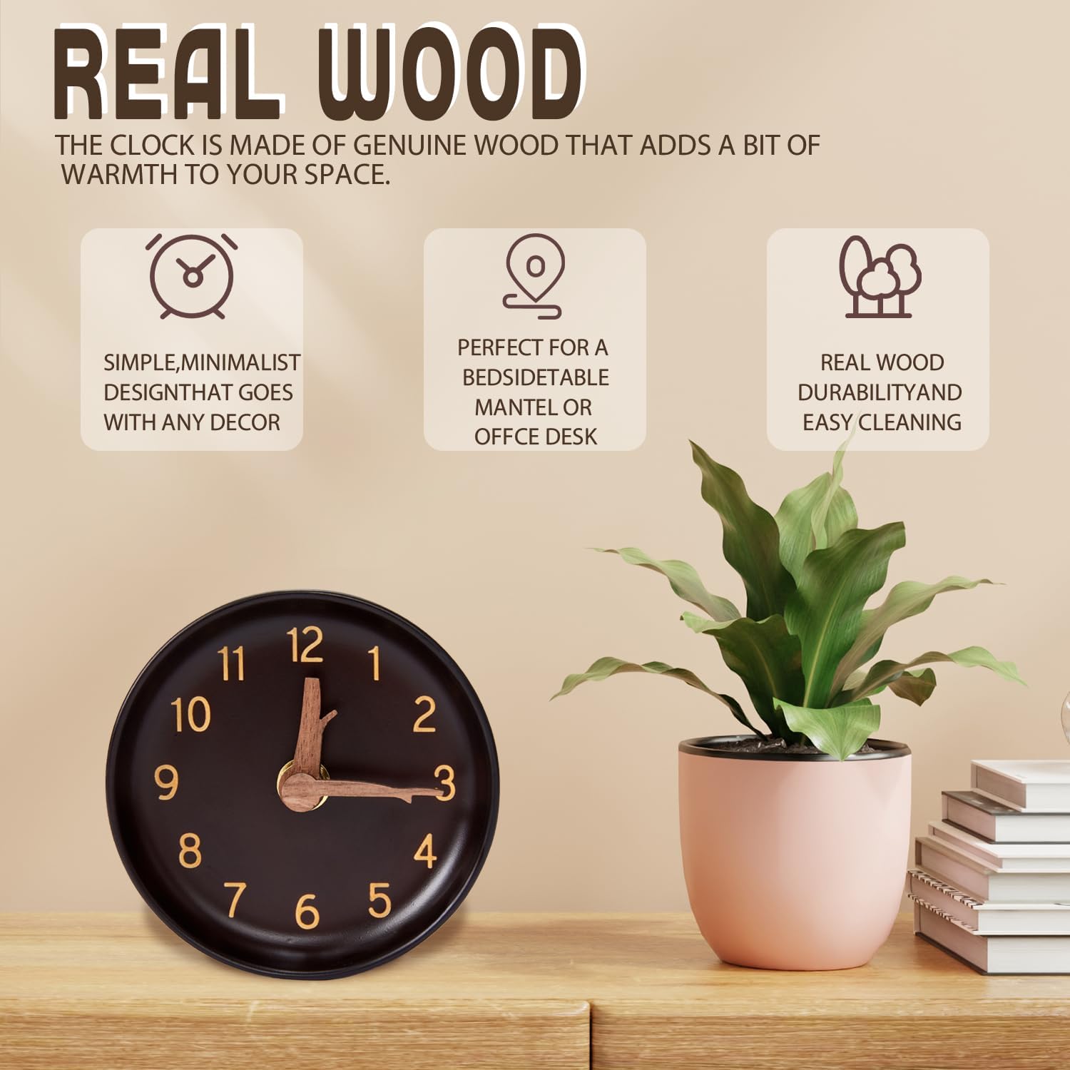Wooden Analog Desk Clock Small Round Quartz Clock Battery Operated Non-Ticking Silent Table Clock for Office, Living Room,4-Inches
