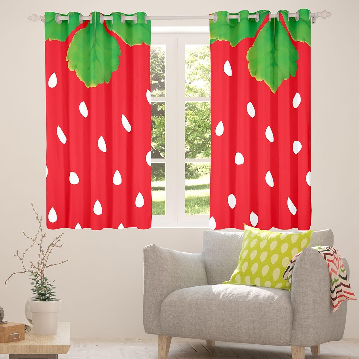 Homemissing Trattamenti per finestre con fragole carine, 2 pannelli L 132 x L 163 tende oscuranti con fragole rosse decorazioni per stanze verdi tende con frutta carine per camera da letto soggiorno