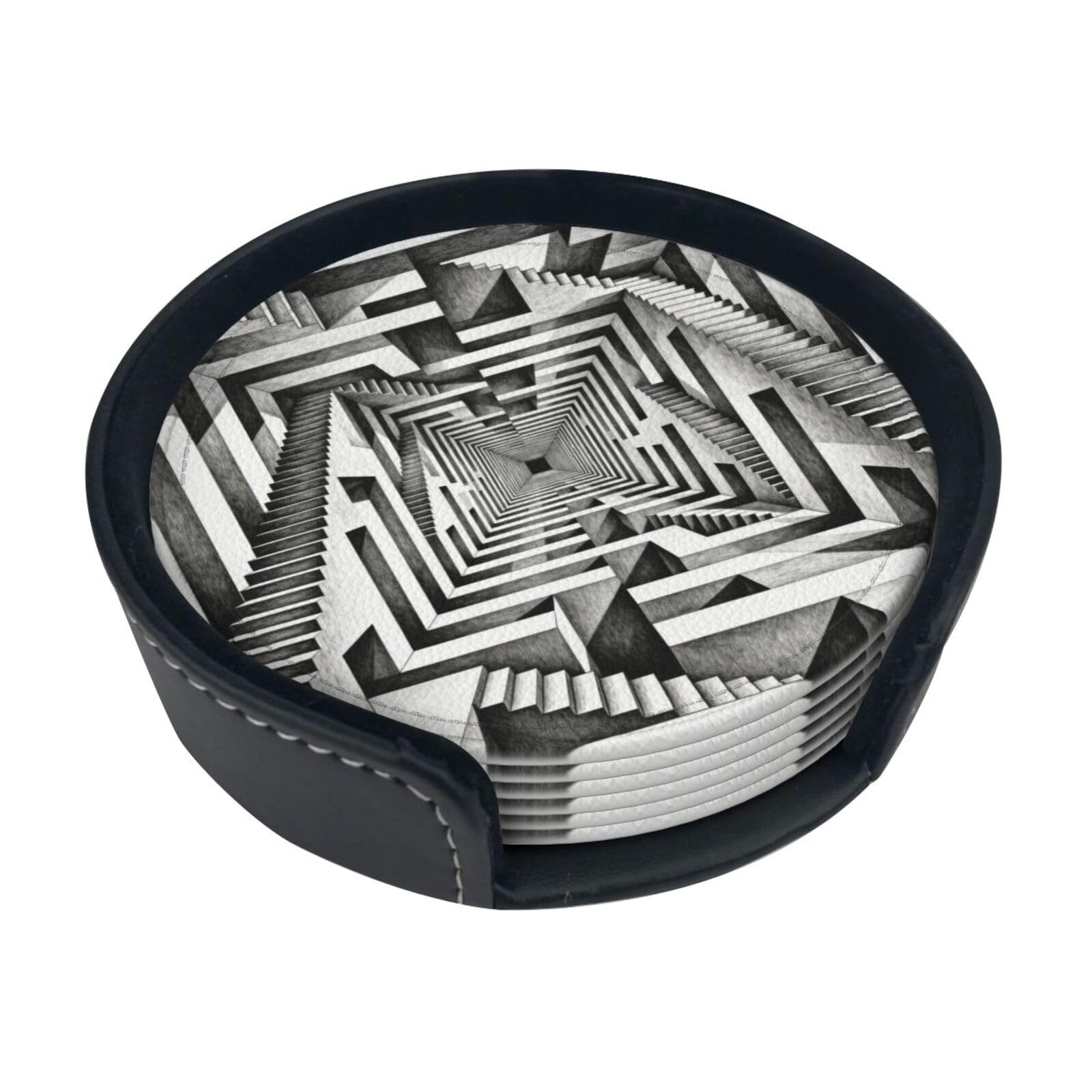 Cntdbu White Maze Leather Coasters Set Of 6-Pu Leather Drink Mats For Table, Heat Resistant Round Coasters With Holder