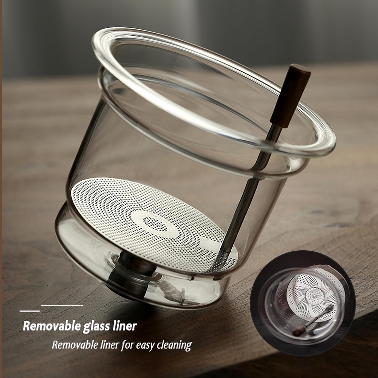 750-ml-Teekanne aus Glas mit Teesieb, hitzebeständiges Borosilikatglas, 6 passende Tassen, Holzgriff und -Deckel, halbautomatisch, Tee-Wasser-Trennung