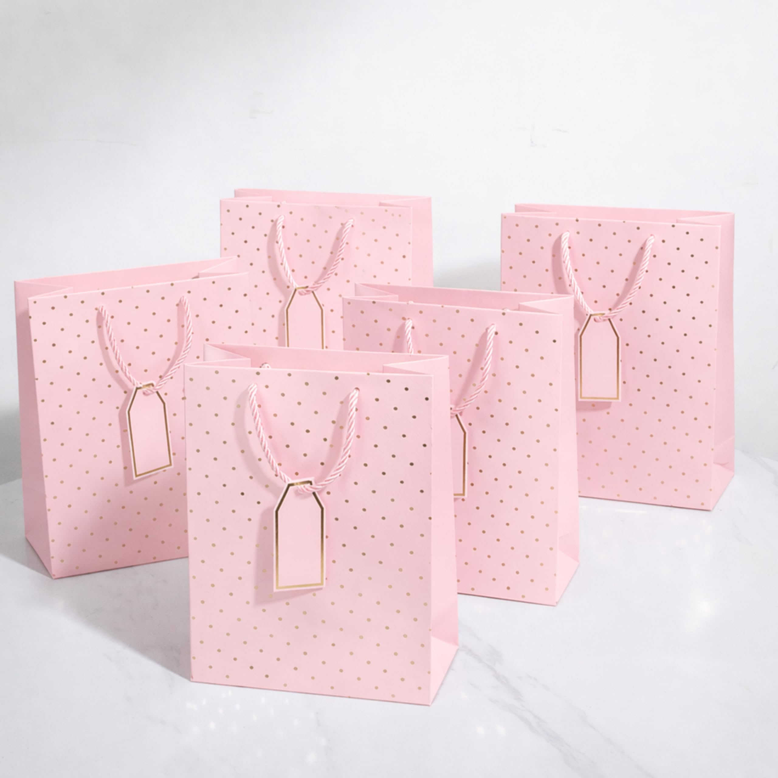 Art Street Return Premium Paper Gift Bags, Medium Carry Bags with Thank You Card, Gift Bags for Wedding & Birthdays, Goodie & Hamper Bags, Polka Dots Design Pink & Gold Embossed, Pack of 5-image-22