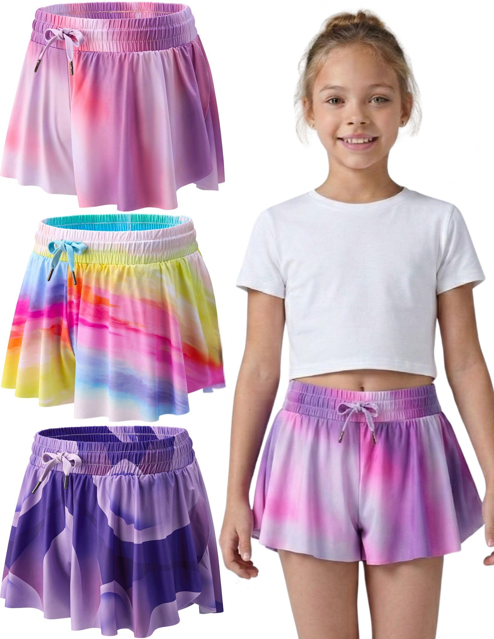 3 Pack Girls Flowy Shorts with Spandex Liner 2-in-1 Youth Butterfly Skirts for Fitness, Running, Sports