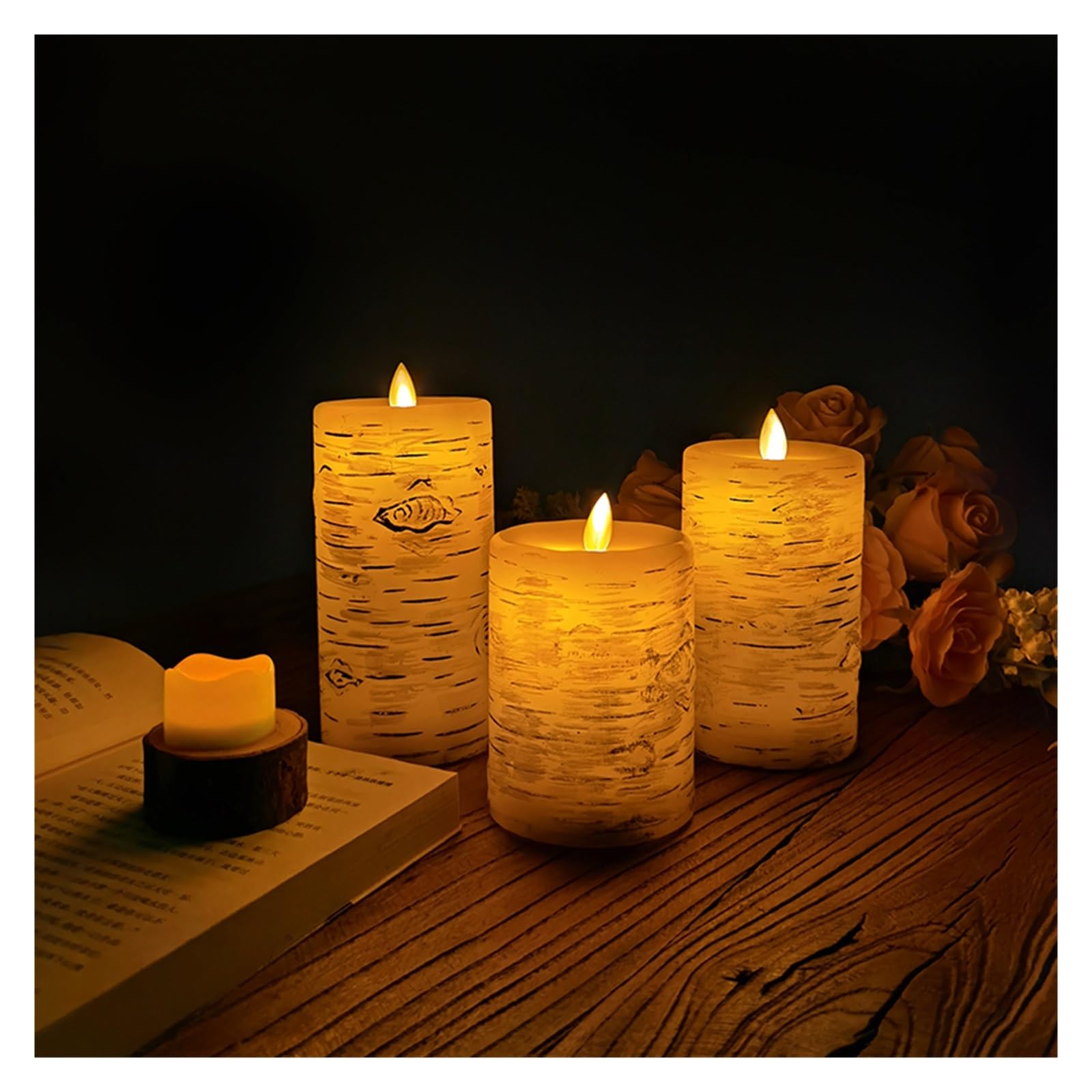 Candele senza fiamma Candele in corteccia di betulla Candele a LED, Candele alimentate a batteria con timer remoto, Candele elettriche finte in plastica, Set di 3