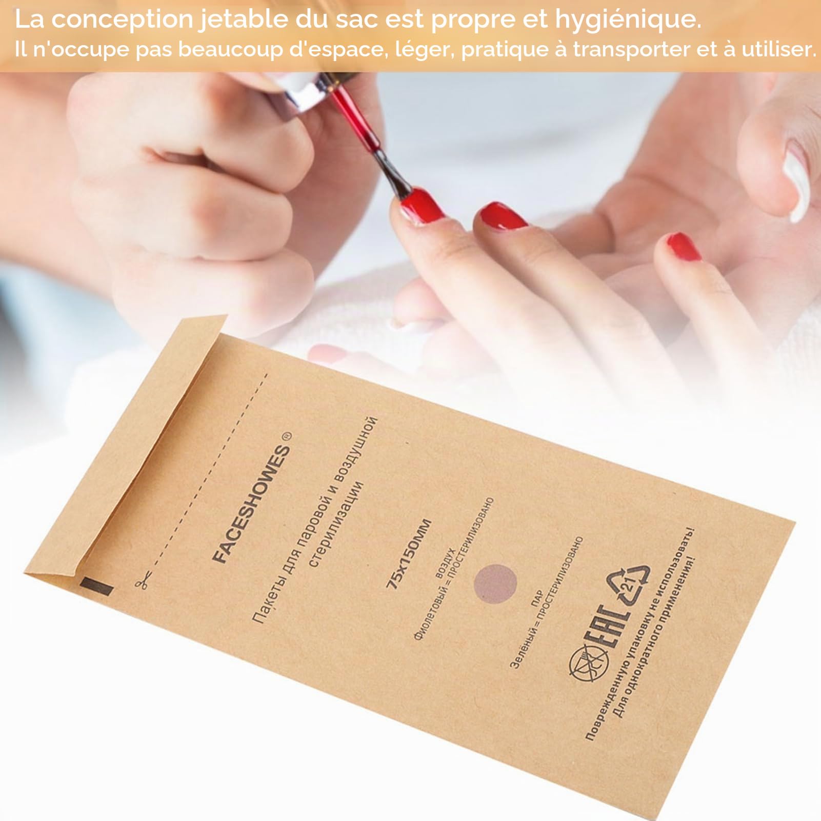 Lot de 100 sacs de stérilisation jetables pour stérilisateurs à ongles pour machines de désinfection, outils à ongles, Sac Auto-scellant pour Outils - 75 x 150 mm (100 Unité (Lot de 1))