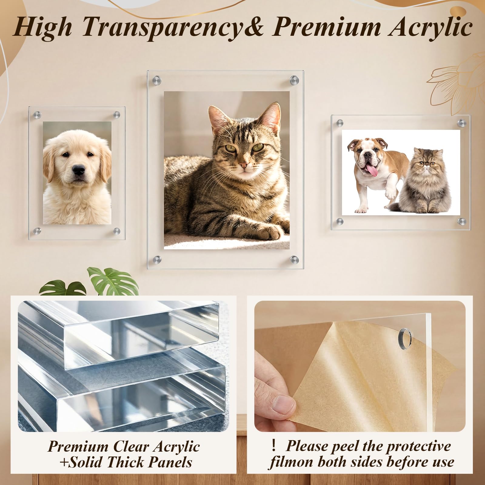 Novabright Set di 10 cornici da parete in acrilico galleggiante, 3 dimensioni, in acrilico trasparente, 20 x 25 cm, 13 x 17 cm, 10 x 15 cm, cornici moderne senza cornice, collage per esposizione a