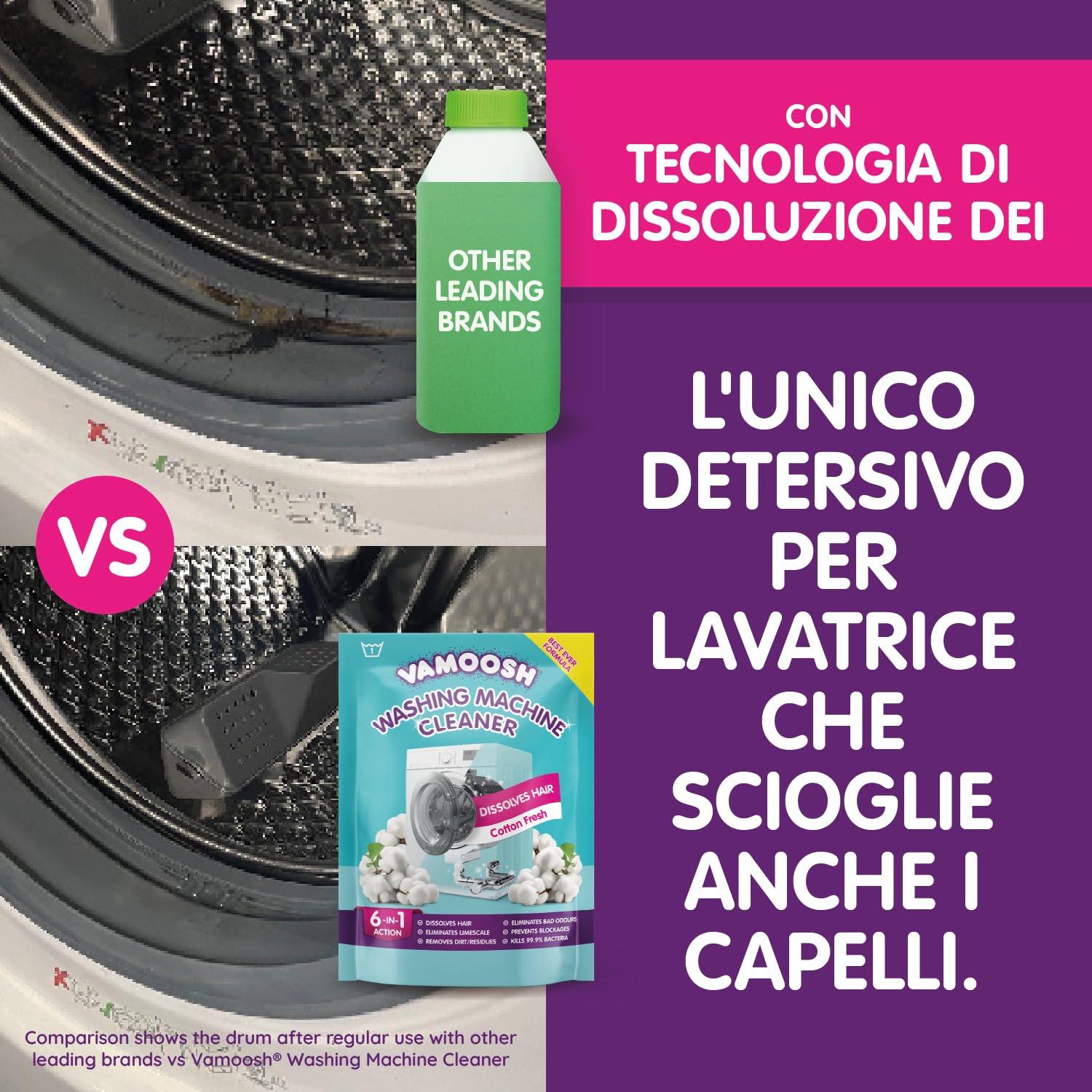 Vamoosh Pulitore Lavatrice 6 in 1, profumo cotone fresco. Scioglie peli, elimina odori e calcare, pulisce in profondità, lascia profumo fresco, antibatterico, disincrosta, 2 lavaggi
