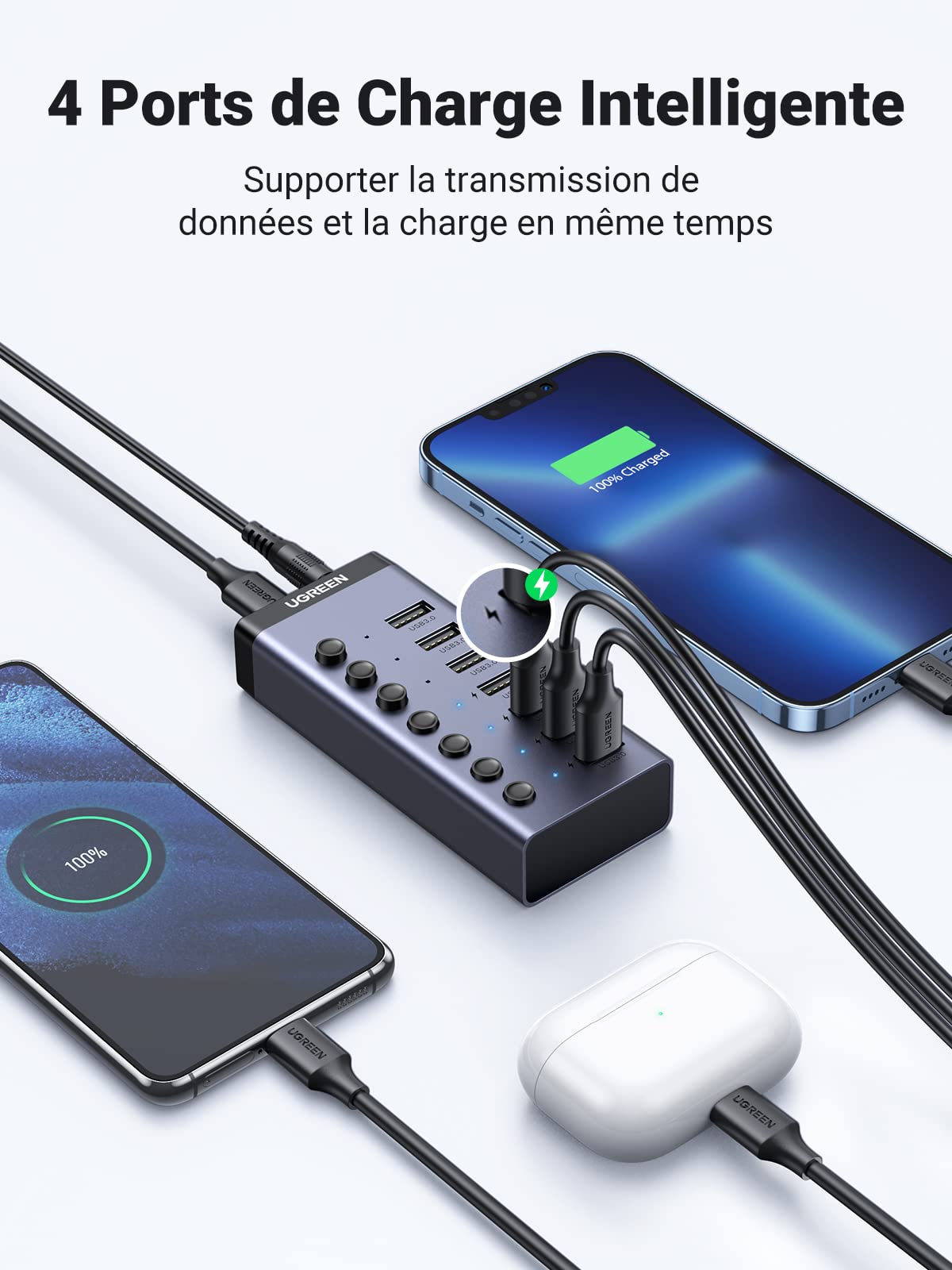 UGREEN Hub USB 3.0 Alimenté en Aluminium 7 Ports USB Hub avec Ports de Charge Interrupteur Indépendant Alimentation Externe 12V 2A Compatible avec PC PS5 PS4 Pro Slim Xbox One iMac, 1M Câble