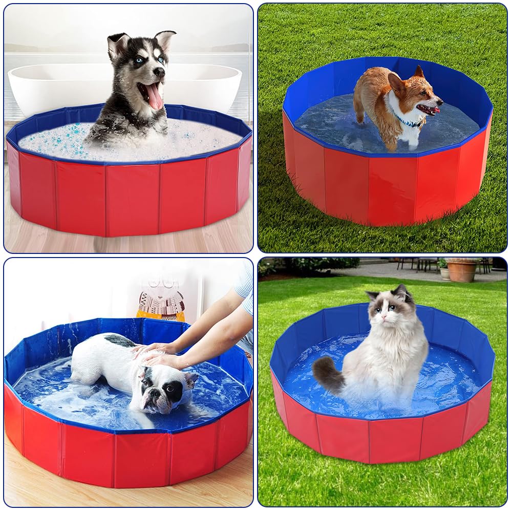 LUFEIS Hundepool, 60x20cm Hundepool Schwimmbad,Hundebecken Faltbar mit Ablassventil,Planschbecken Rutschfest, Swimmingpool für Hunde,Faltbarer Pool Hundepools Schwimmbecken für Kleine Hunde Katze(Rot)
