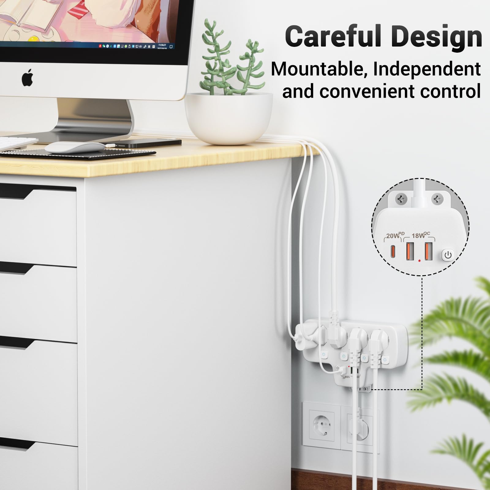 PD20W Ciabatta Multipresa con Interruttori Indipendenti,Presa Multipla Salvaspazio con USB,PD20W e QC18W Ricarica Rapida Elettrica Multipresa Protezione Sovratensione 5 Presa con Pnterruttore,Bianco