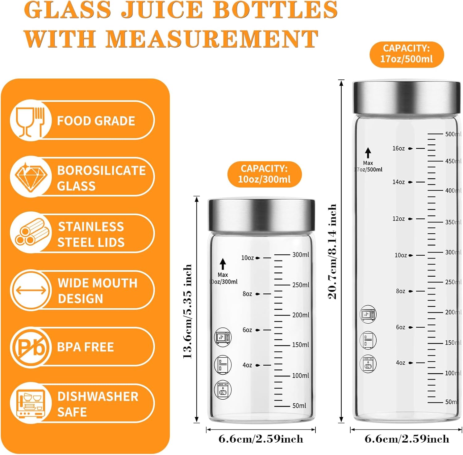 Glass Juice Bottles 16 Oz, Wide Mouth Reusable Clear Glass Water Bottles with Graduations 100% Leak Proof Stainless Steel Lids, BPA Free, Fits in Cup Holder Juice Containers Set of 4
