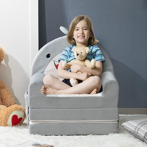 Miniatura 2 de ALIMORDEN Sofá de espuma abatible 2 en 1 para niños sofá de felpa con bolsillo y tres cojines de espuma plegables sofá convertible a tumbona