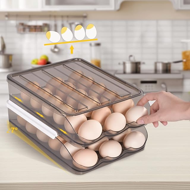 Egg Holder for Refrigerator, Double Layer Fridge Egg Trays 36 Grids, Auto Rolling Egg Organiser Egg Storage, Smart Way to Ensure Older Eggs Get First (Light Brown)