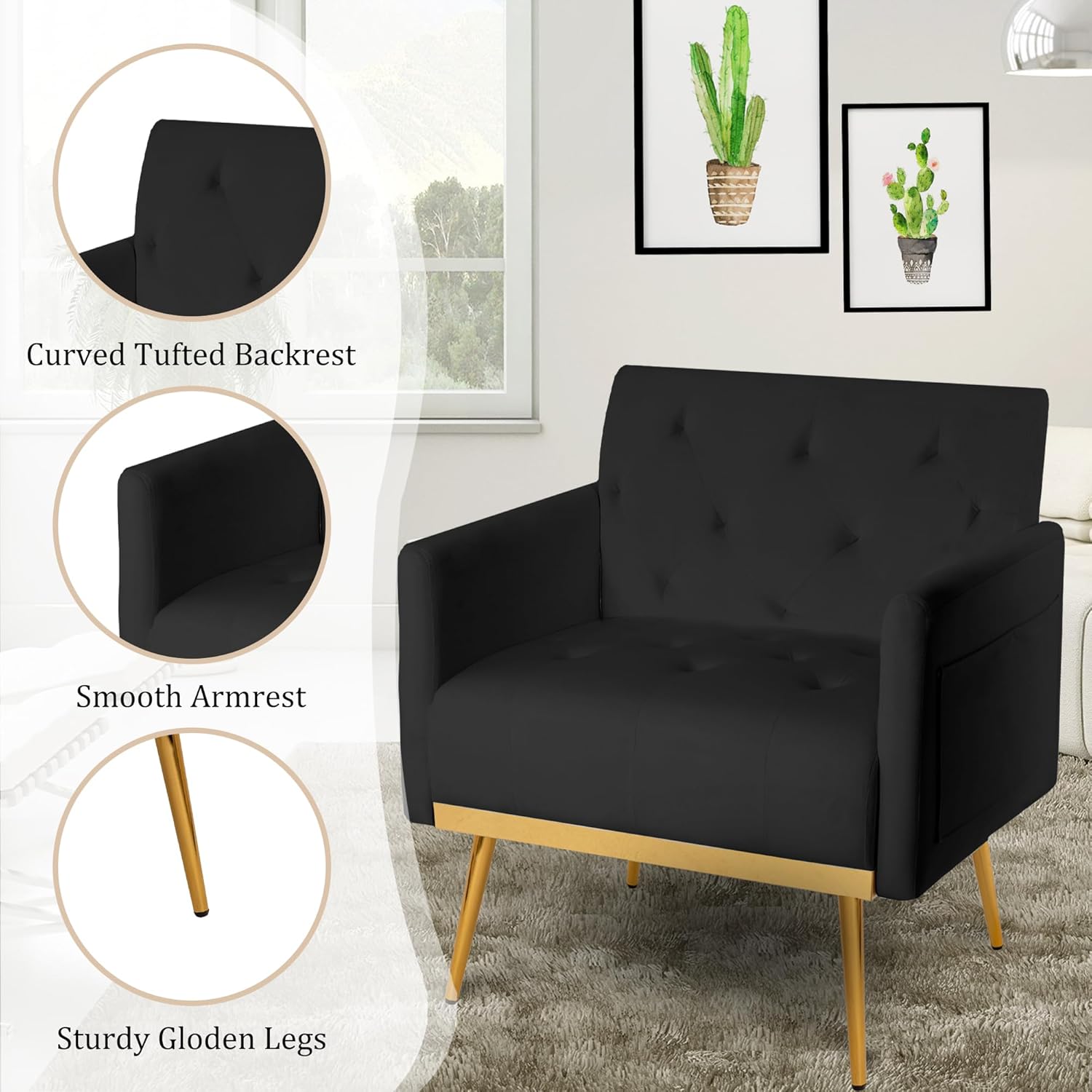 COCO DESIGN Velvet Accent Chair Set of 2 w/Gold Metal Legs, Mid Century Modern Reading Chair w/Side Pocket，Comfy Single Sofa Armchair for Living Room, Bedroom, Black