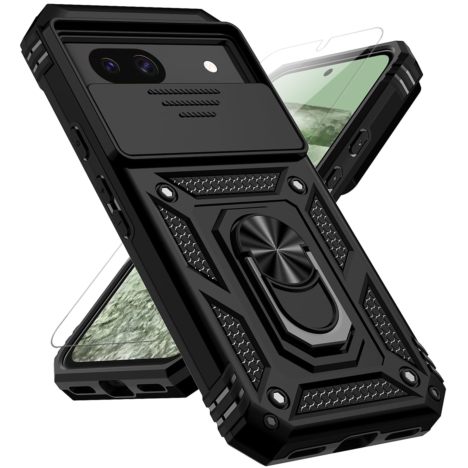 for Google Pixel 8A Case with Slide Camera Cover HD Screen Protector [Military Grade 16ft. Drop Tested] Magnetic Ring Holder Kickstand Protective Phone Case for Google Pixel 8A 2024, Black