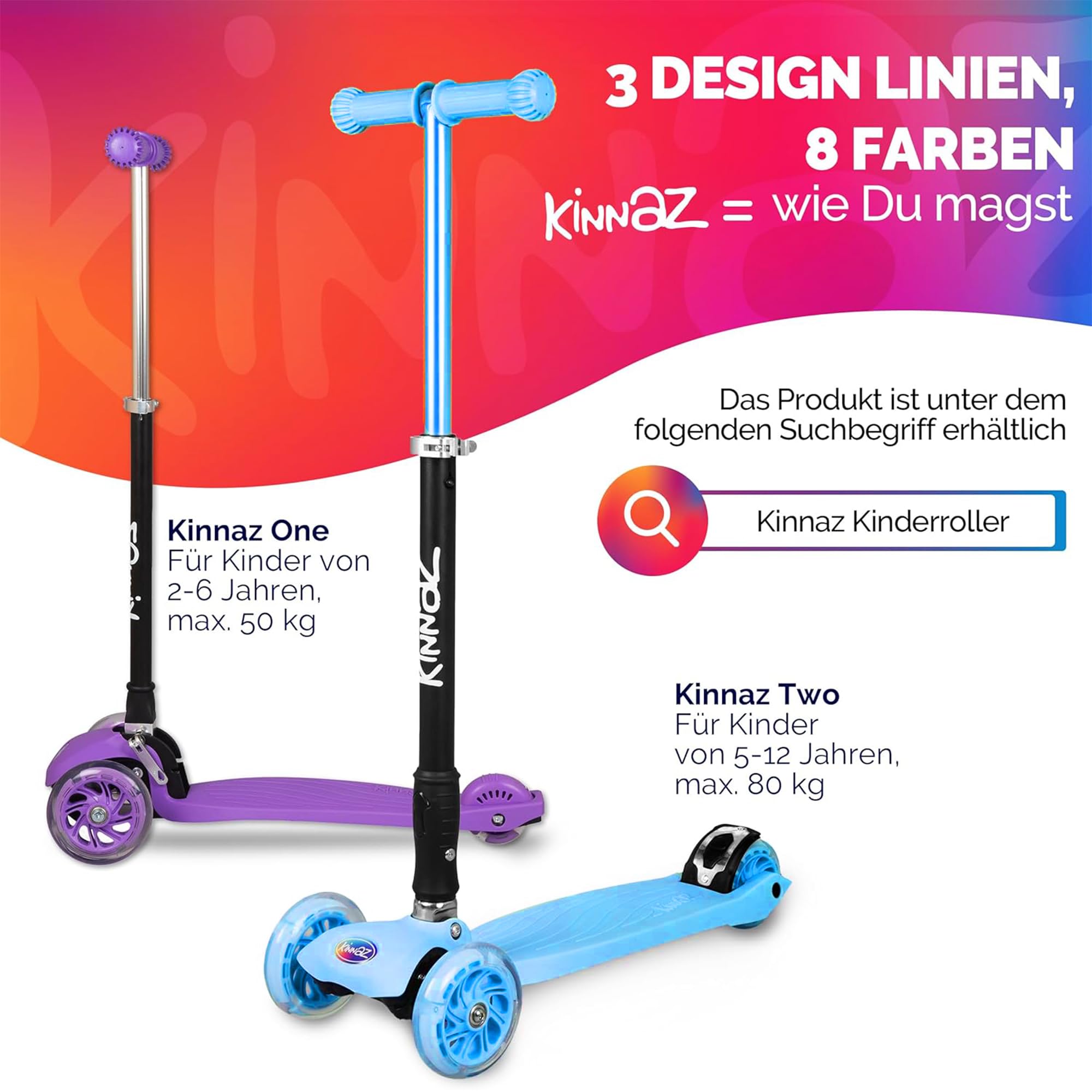 Kinderroller 5-12 Jahre kinnaz Two, Kinder Roller, Roller für Kinder ab 5 Jahre, faltbar, stufenlos Höhe einstellbar, LED Räder, Scooter, 6 7 8 9 Jahre, Schulkind, bekannt aus Focus, aus Hamburg