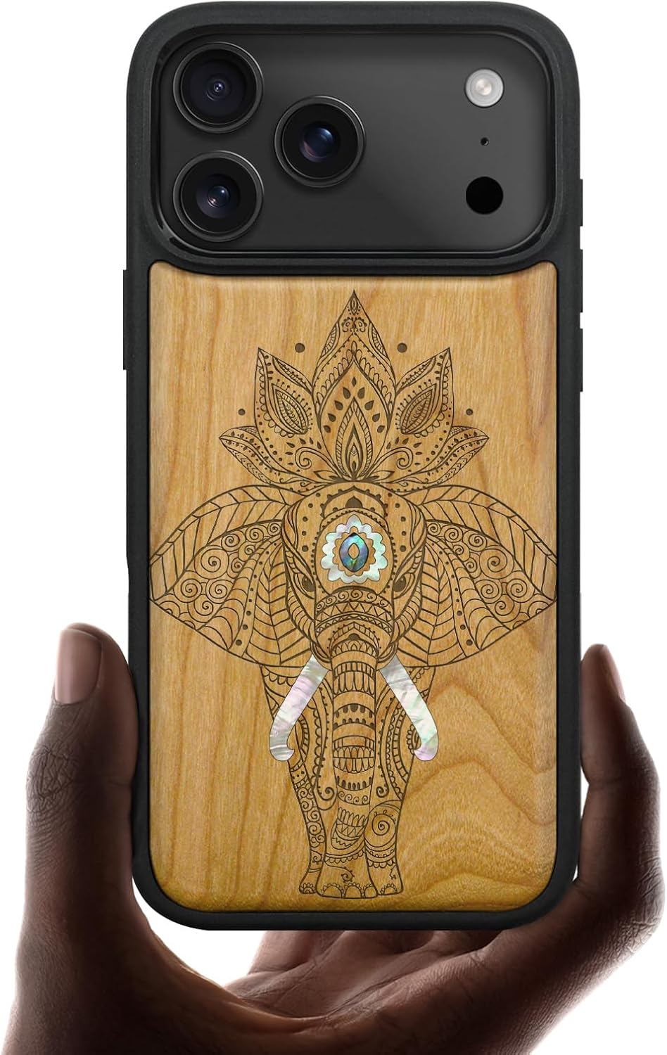 Carveit Magnetic Case for iPhone 17 Pro Max Case, Wood Artisan Engraved & Handmade Shell Inlaid, TPU Shockproof Cover, Compatible with MagSafe Wireless Chargers (Elephant in Linework-Cherry)