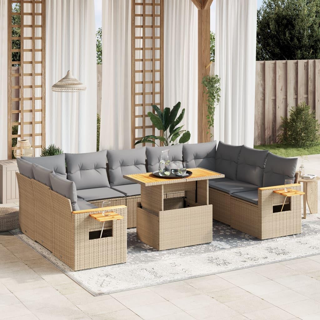 Set Divano da Giardino 10 pz con Cuscini Beige in Polyrattan,Set di Conversazione per Patio,Set Salotto da Esterno,Set Divano da Giardino Esterno-3273663