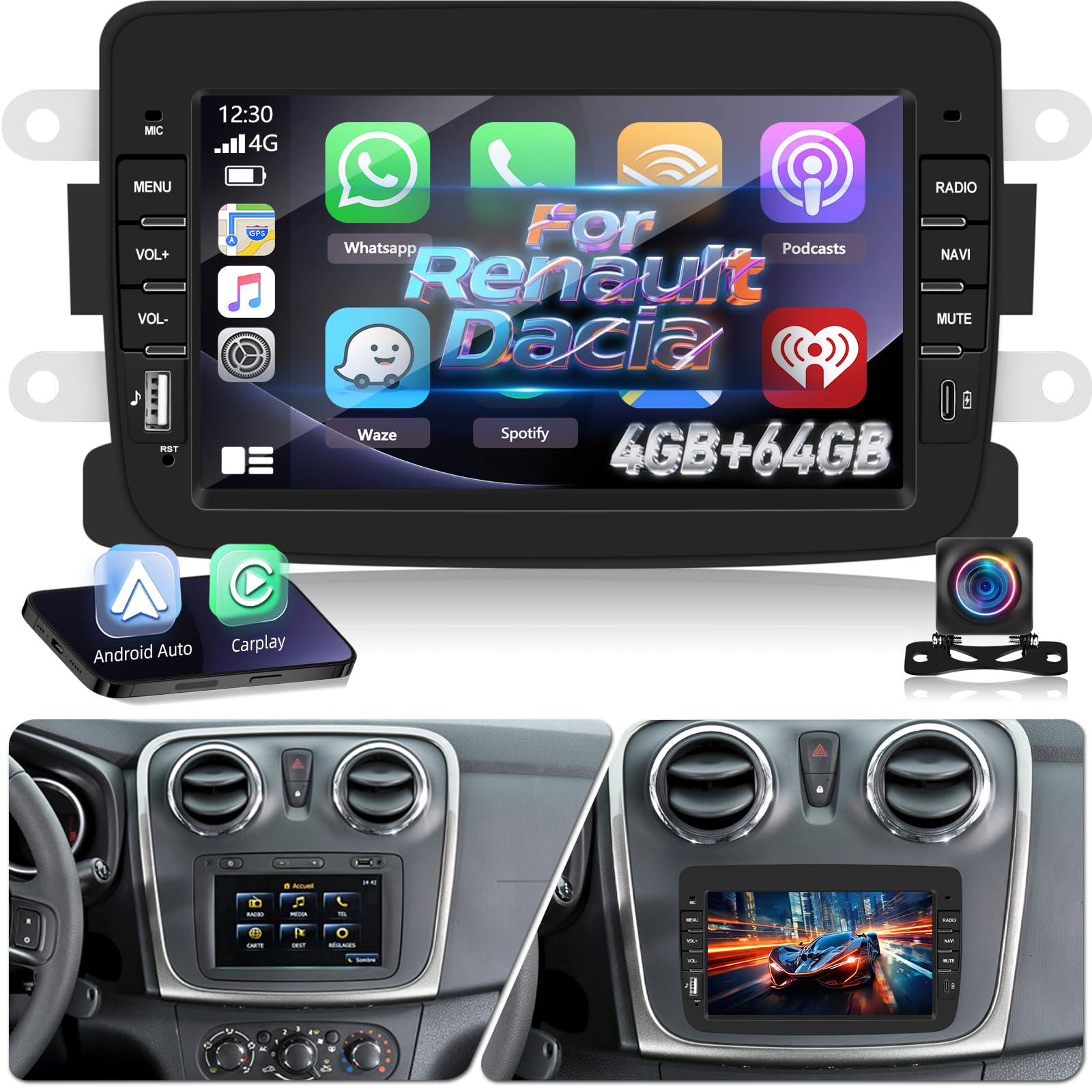 NHOPEEW 4+64G Radio Voiture pour Dacia Duster Sandero Dokker Logan Lodgy - Radio Android 7 Pouces avec sans Fil Carplay et Android Auto - Mirror Link EQ DSP Écran Divisé + Caméra de Recul