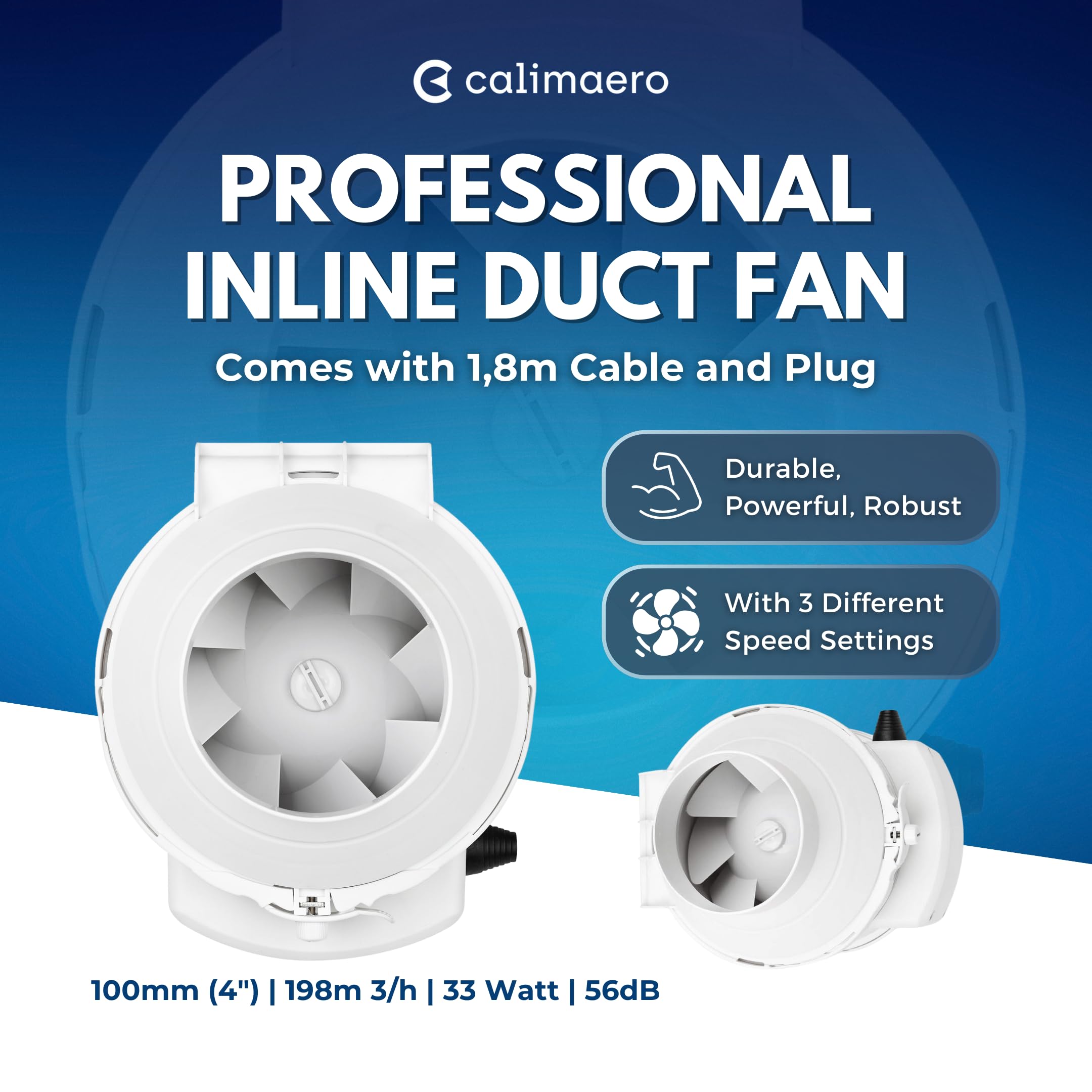 CALIFLOW Ventola Aspirazione 100mm Potente ventilatore in linea combinabile con filtro HEPA filtro a carboni attivi 3 stadi max. 198m³/h, 33Watt / 56dB / Jet-proof/Plastica