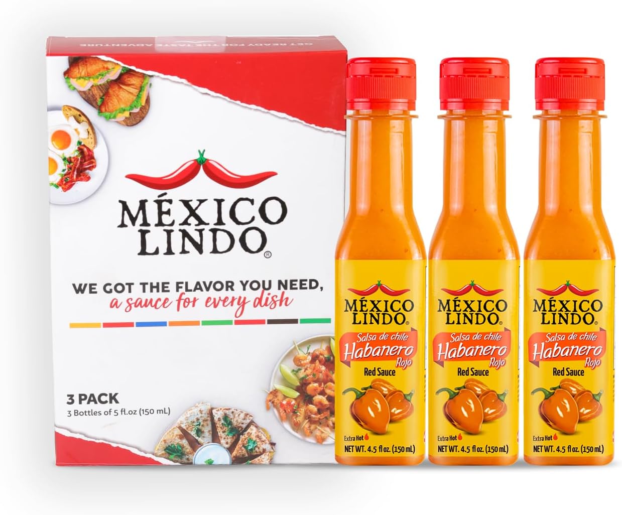 Mexico Lindo Red Habanero Hot Sauce | Real Red Habanero Chili Pepper | 78,200 Scoville Level | Enjoy with Mexican Food, Seafood & Pasta | 5 Fl Oz Bottles (Pack of 3)