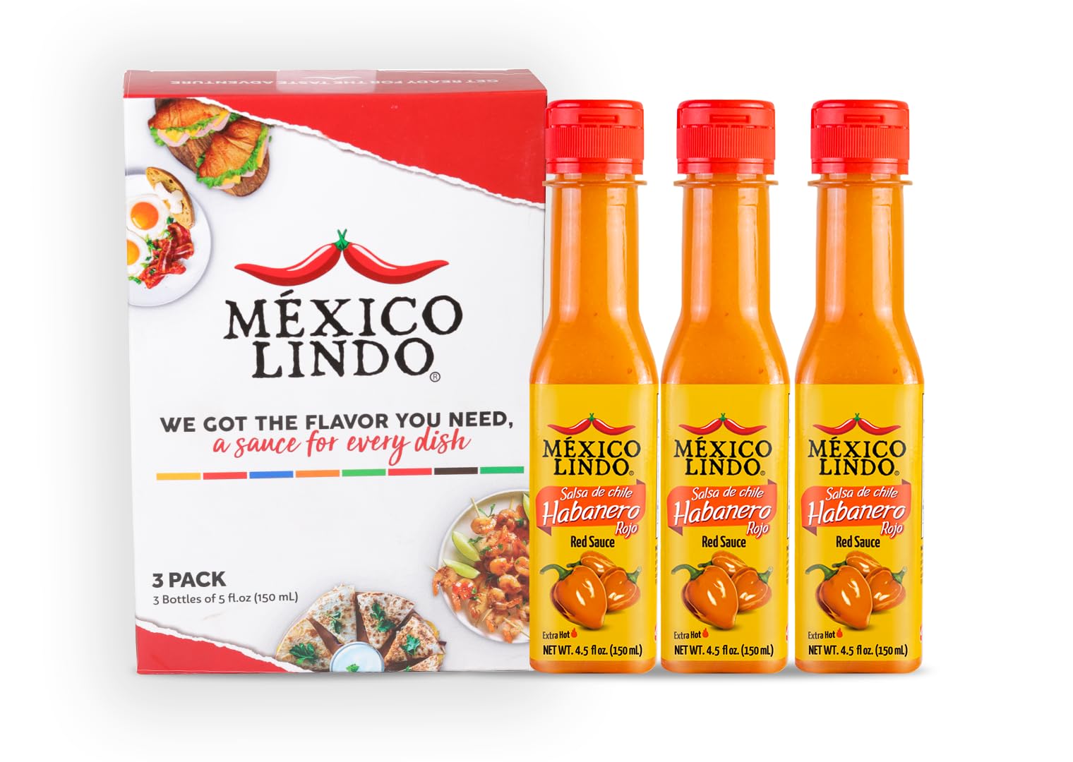 Mexico Lindo Red Habanero Hot Sauce | Real Red Habanero Chili Pepper | 78,200 Scoville Level | Enjoy with Mexican Food, Seafood & Pasta | 5 Fl Oz Bottles (Pack of 3)