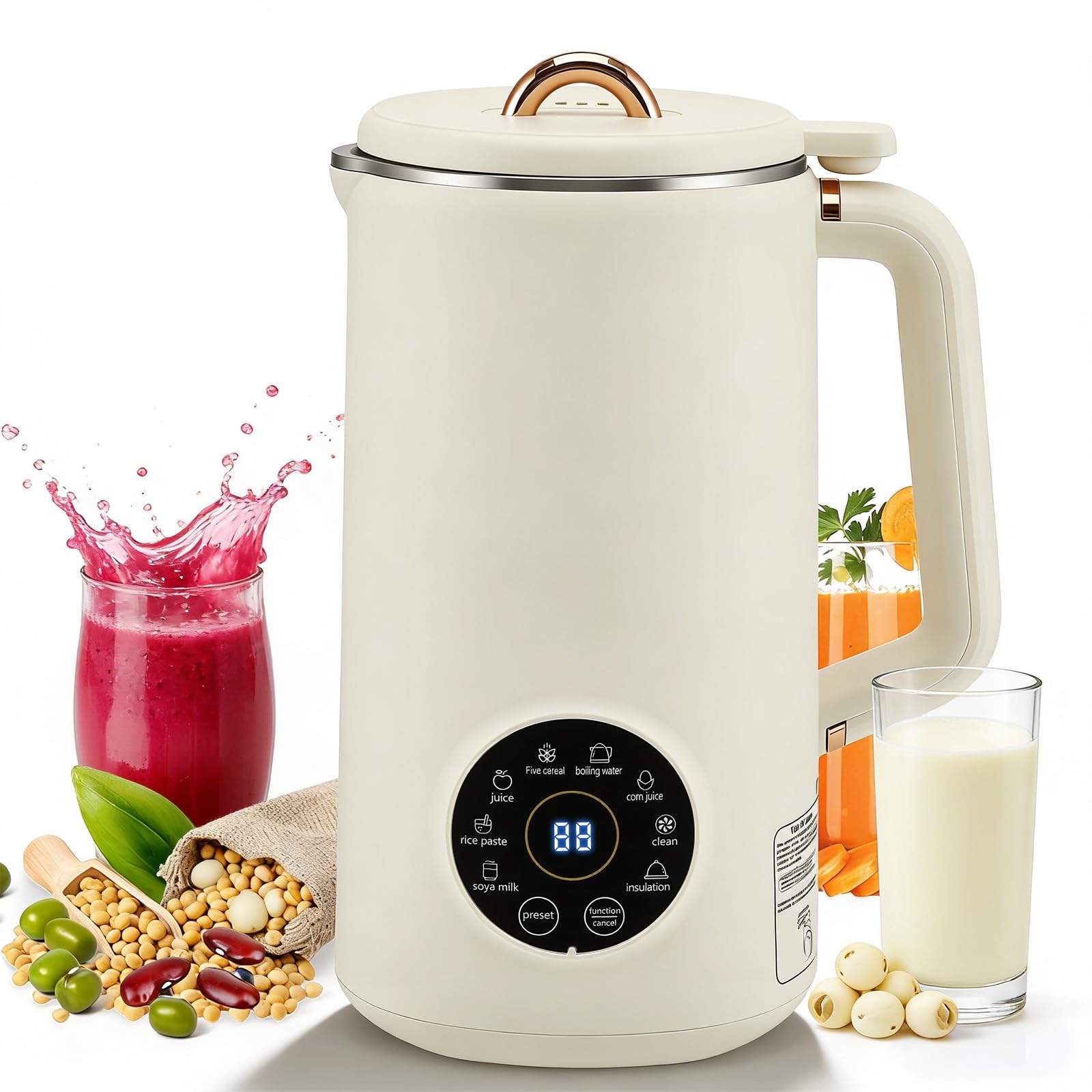 Macchina per Latte di Noci Vegetale 1000ml, 10 Lame in Acciaio Inox, Touch Screen Intelligente, 12h Timer, Autopulente, Macchina Multifunzione per Latte di Soia, Noci, Succhi e Zuppe, per Famiglia