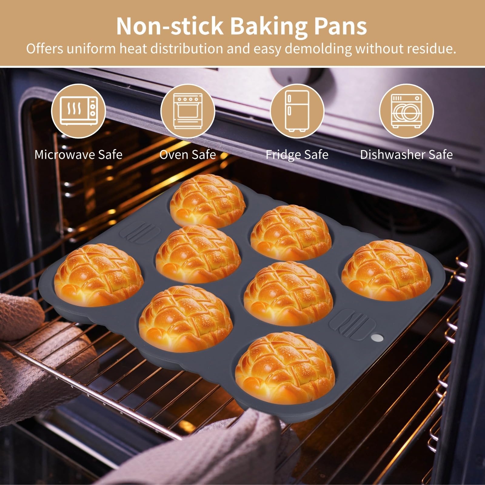 Juego de 6 moldes para hamburguesas para hornear, molde de pan de hamburguesa de 4/8/9 tazas, molde de silicona para hornear pan francés con cepillo, espátula y guante de agarre, sartenes perforadas