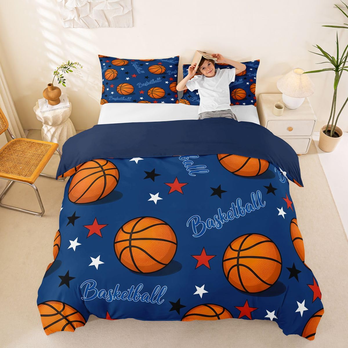 Homewish Set copripiumino per letto super king size, motivo pallacanestro, blu e marrone, motivo stelle, per amanti del basket