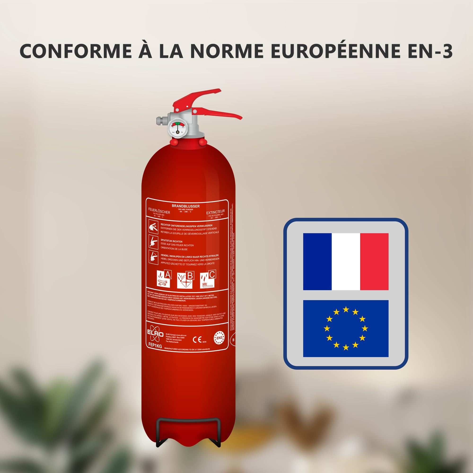 ELRO FEP1KG Extincteur à Poudre 1 kg – Classes ABC – pour Voiture, Maison, Caravane, Garage – Certifié en 3
