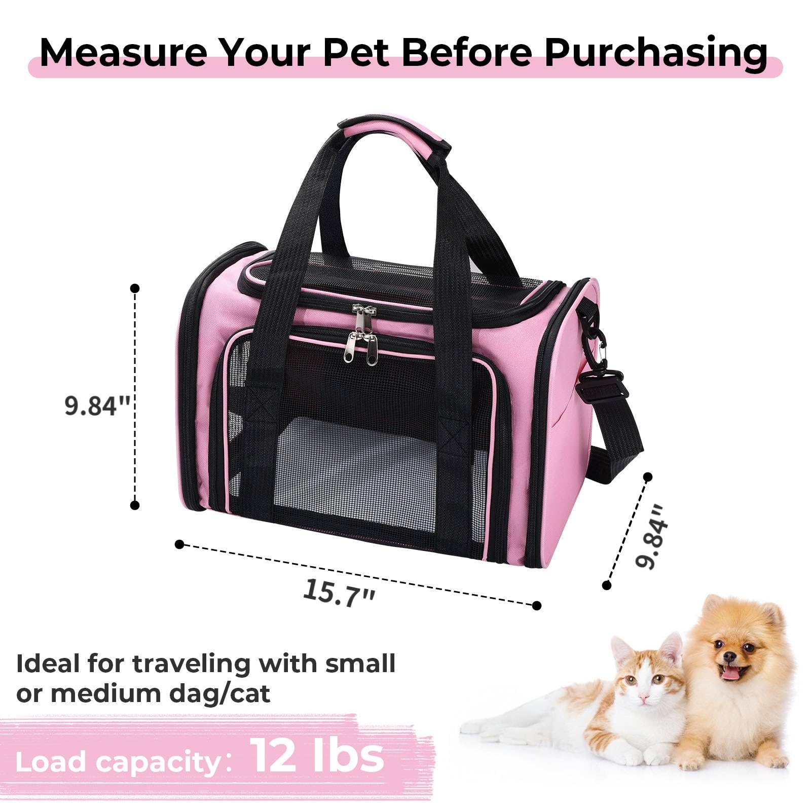 Sac de Transport pour Chat et Chien jusqu'à 5.5 kg,Caisse de Transport Pliable avec Bandoulière Réglable et Matelas Souple–Respirant,Lavable,pour Voyage,Voiture,Vétérinaire(Rose,40x25x25cm)
