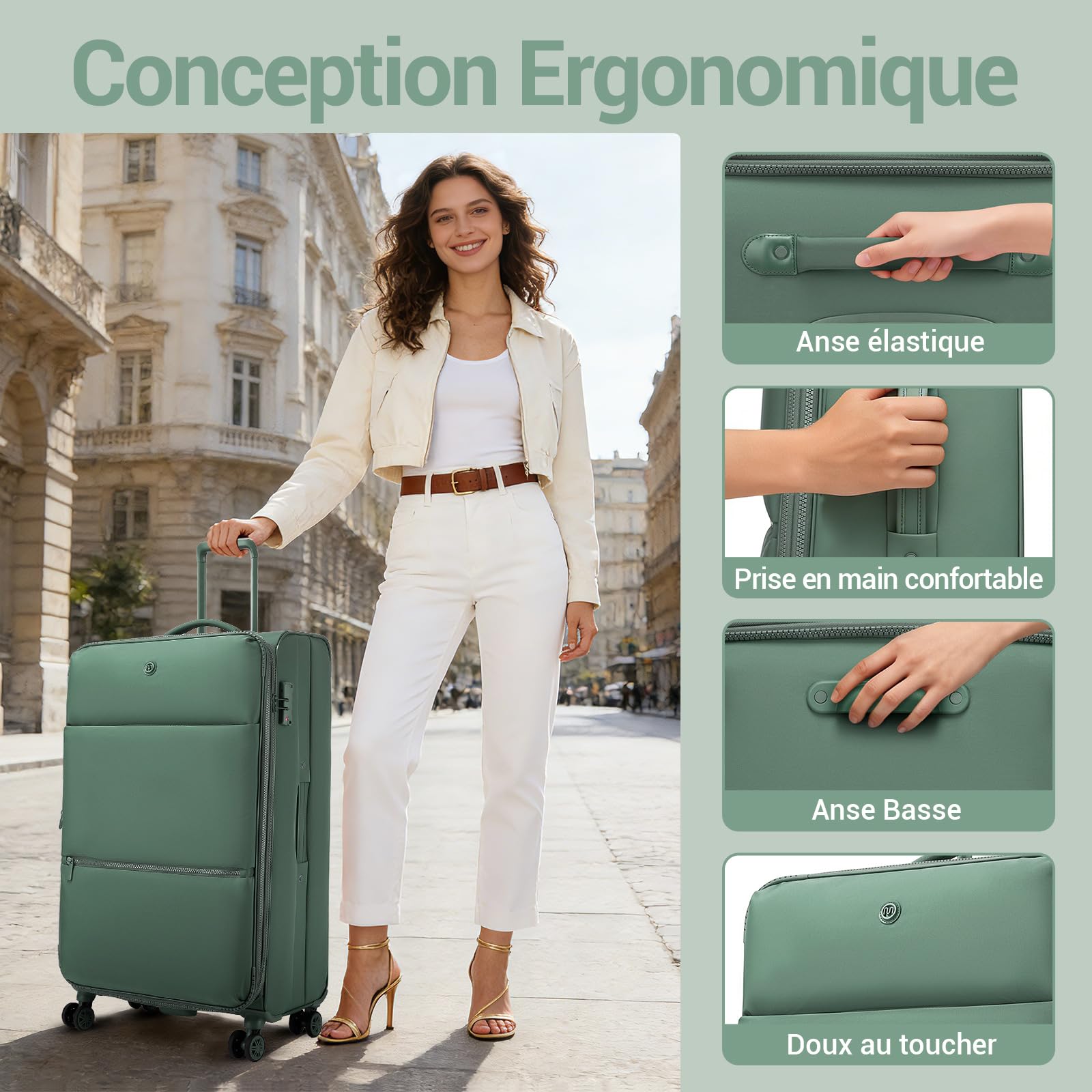 Miss Lulu Valise Moyenne 74.5 cm 76.5L Valise Souple Soute Extensible 5 cm, Valise Voyage Moyen Taille avec Poche Avant, Cadenas TSA, Roulette Valise 360° Silencieuse, Vert