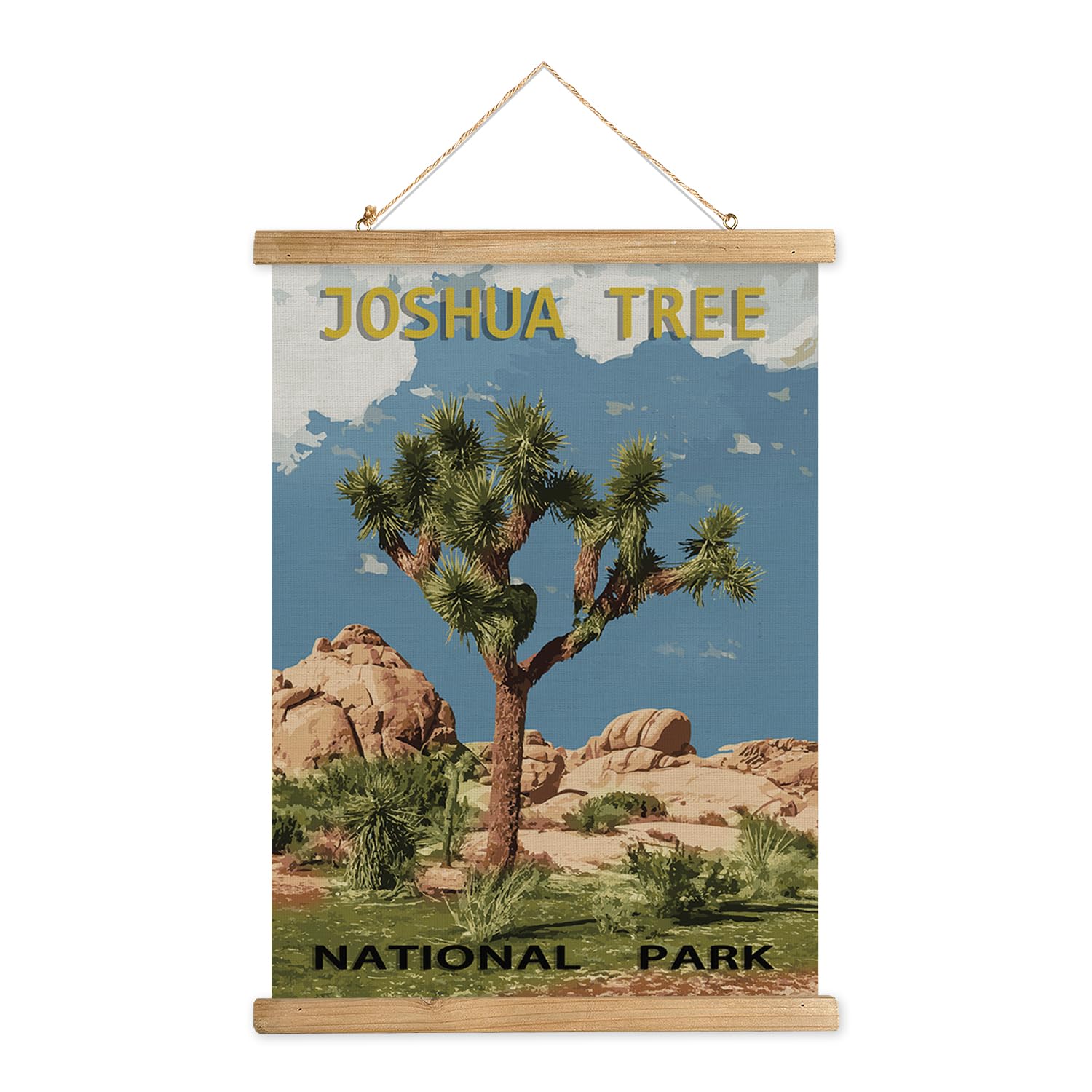 MIDEFINCH Vintage Joshua Tree National Park Poster with Wooden Frame Wall Decor Retro National Park Patterns Printed on Linen Canvas Art for Bedroom Living Room Decor.(12 X 16 inches)