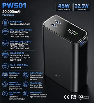 PW501 20.000 mAh 45W PD Çift Type-C + 22.5W USB Çıkışlı Dijital Göstergeli Hızlı Şarj Powerbank-Beyaz