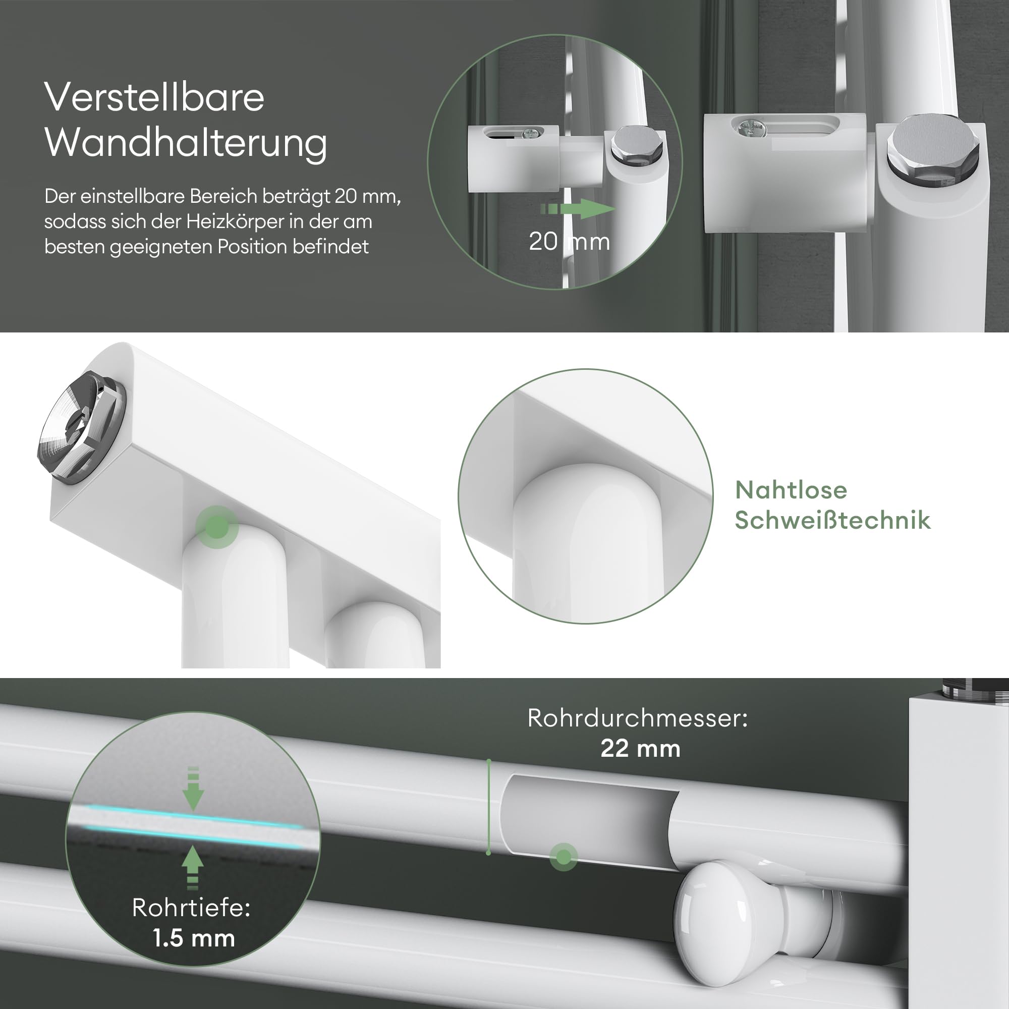 Mai & Mai Badheizkörper Handtuchheizkörper 60x120cm Weiß Seitenanschluss Mittelanschluss Röhrenheizkörper
