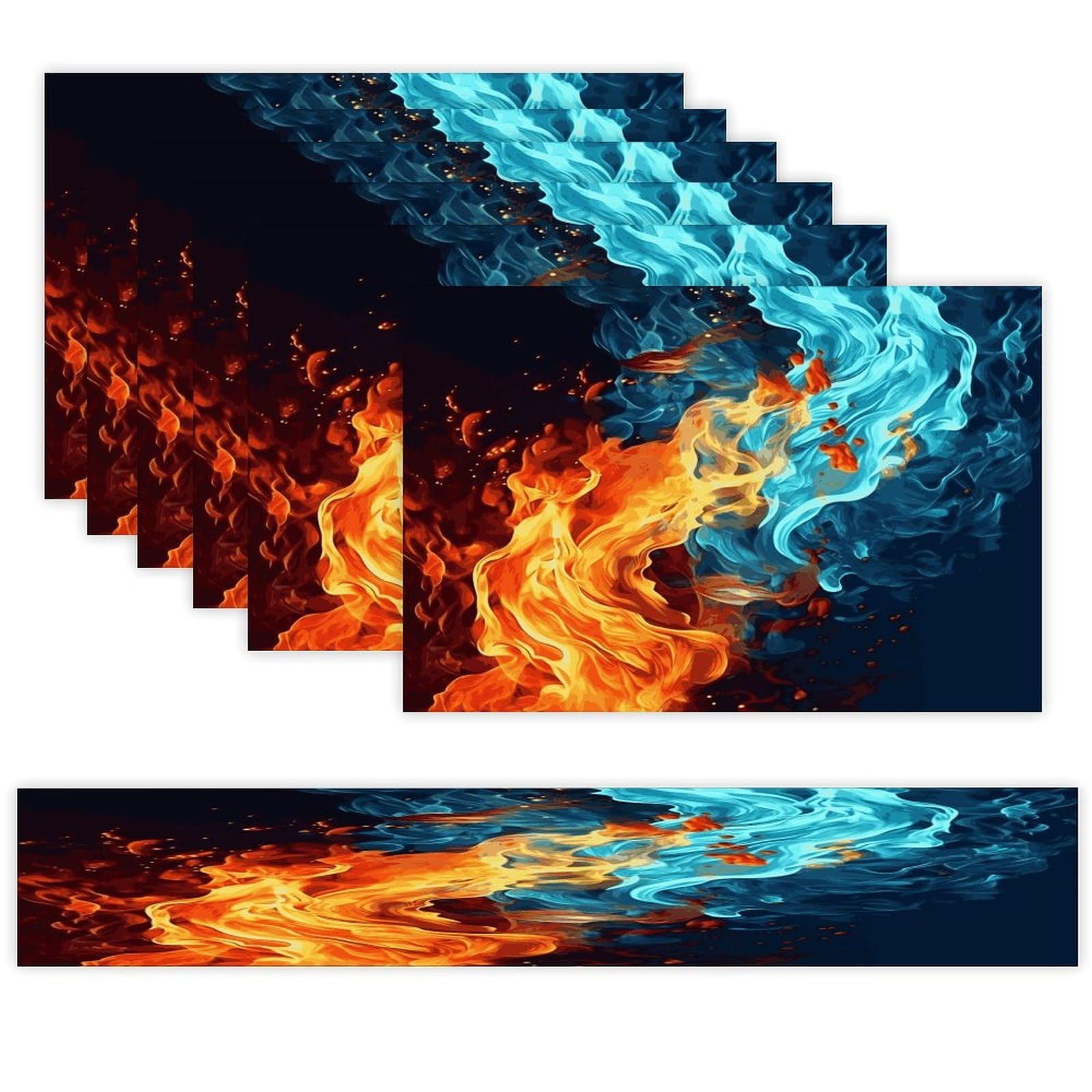 Fire and Water Pattern Table Runner and Placemats Set of 6 for Kitchen Washable Table Mats Heat Resistant Place Mats Non-Slip Place Mat Wipeable Placemat(6 Placemats+1 Table Runner)