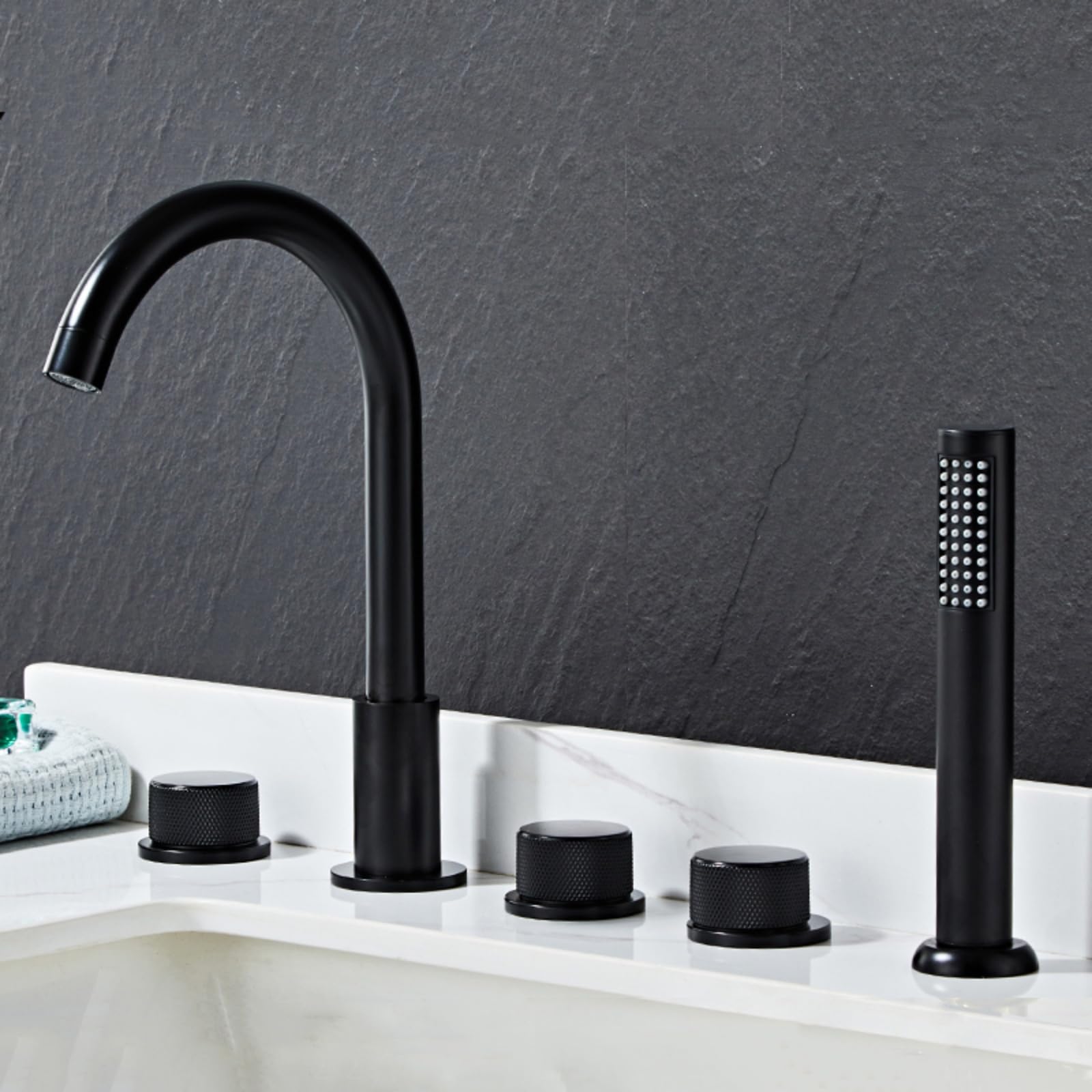 SnamicE 5 Hole Bath Tap Set Black Bath Tub Mixer Tap with Shower 360 Tap Swivel Head Bathroom Taps Mixer Double Lever-A,Black