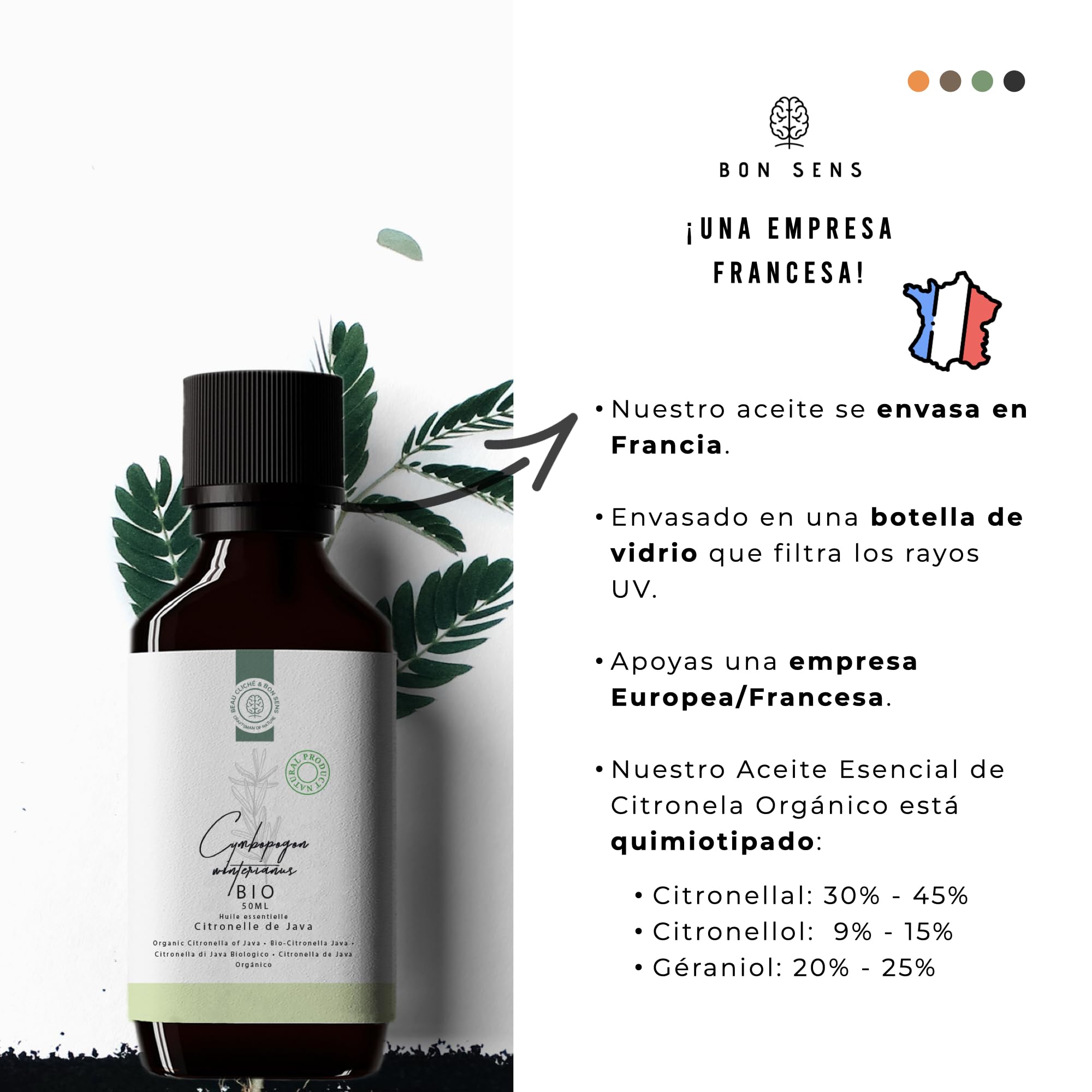 50ml Aceite esencial de Citronela (Lemongrass) BIO - 100% Puro y Orgánico - Ideal para Difusor, Fabricación DIY de Jabones, Velas, Ceras Aromáticas, Spray - Repelente Natural Antimosquitos